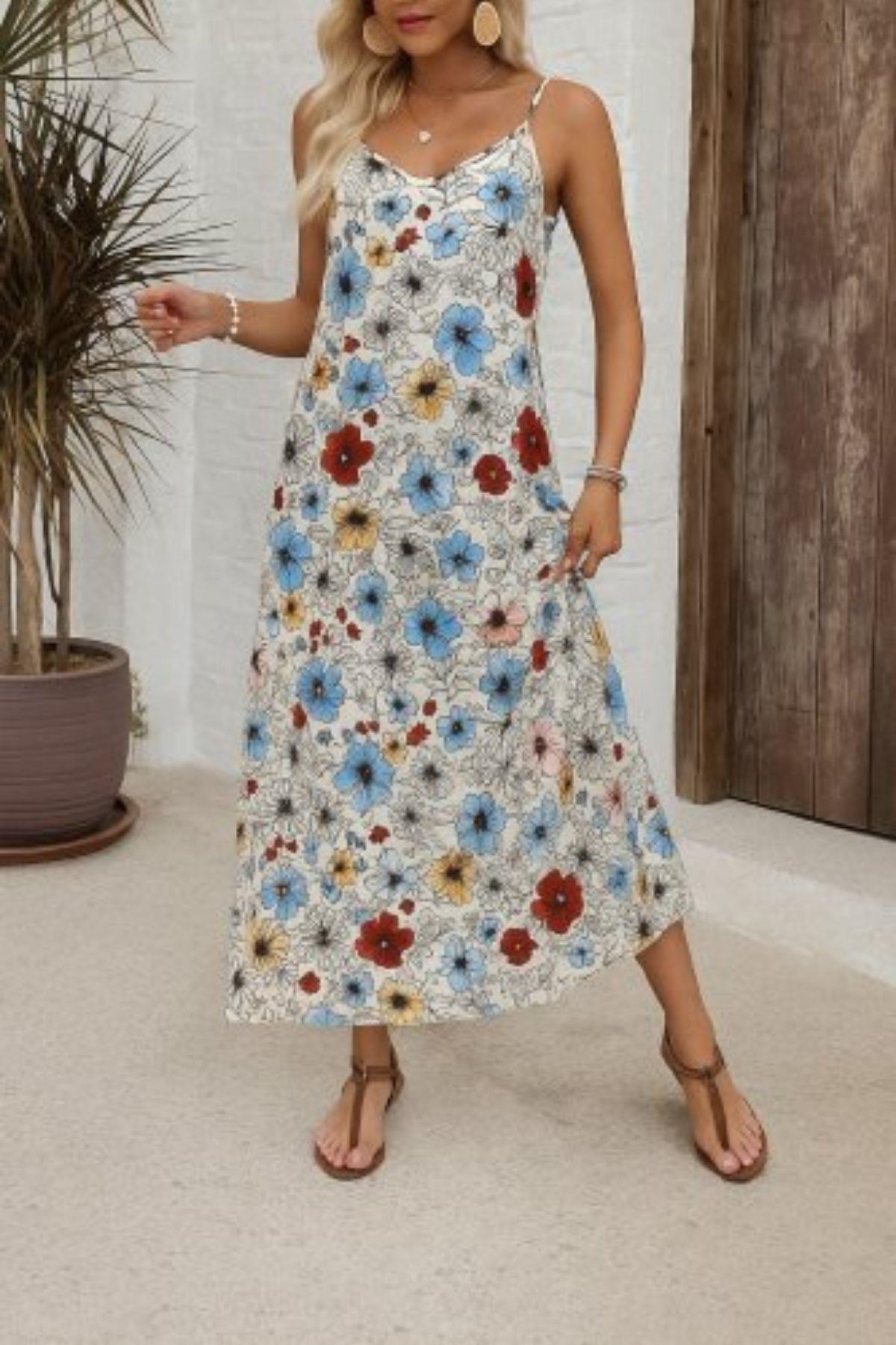 Desenli İnce Askılı V Yaka Süprem  Elbise - Pudra