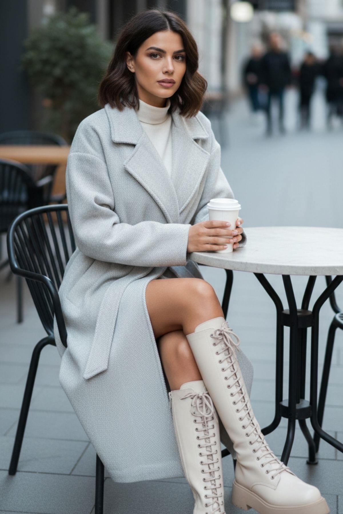 Oversize Kuşaklı Kadın Kaban – Açık Gri Modern Fit