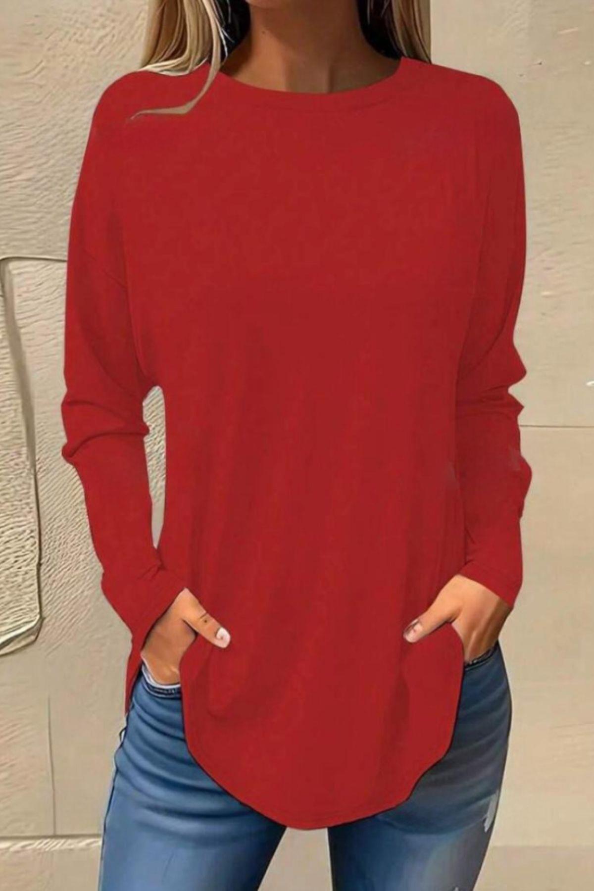 Uzun Kollu Yuvarlak Yaka Bluz - Kırmızı