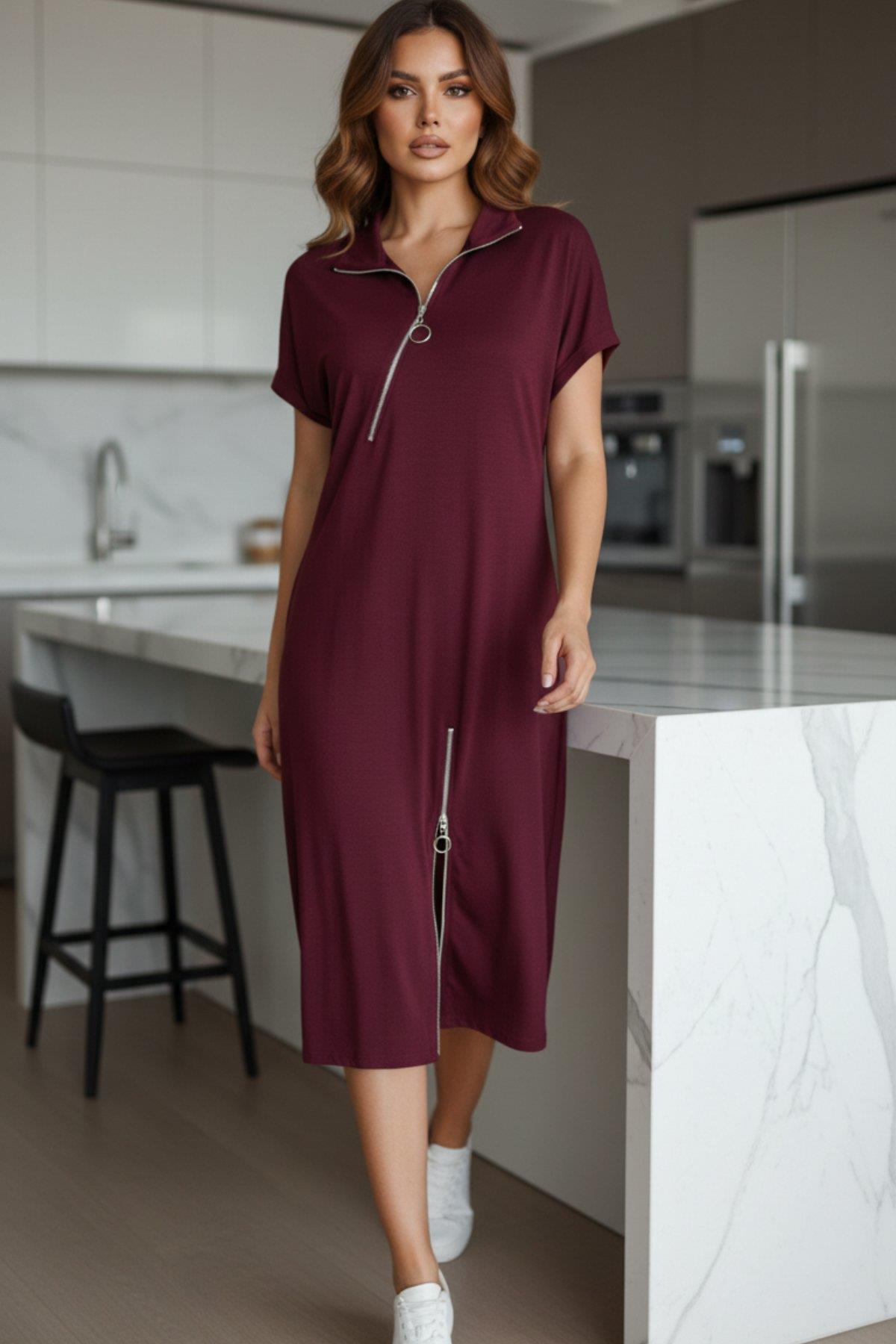 Kısa Kollu Fermuar Detaylı Midi Elbise - Bordo