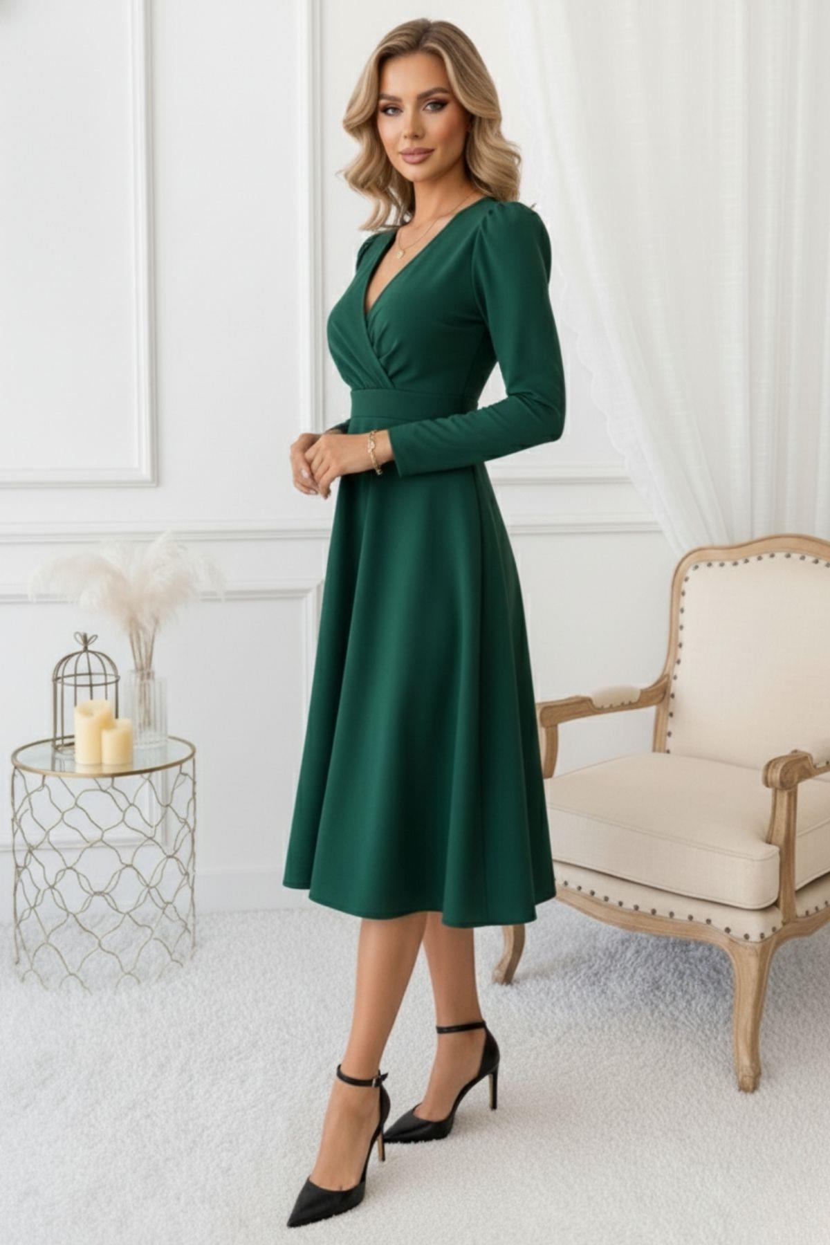 Zümrüt Yeşili Kruvaze Yaka Uzun Kollu Midi Elbise