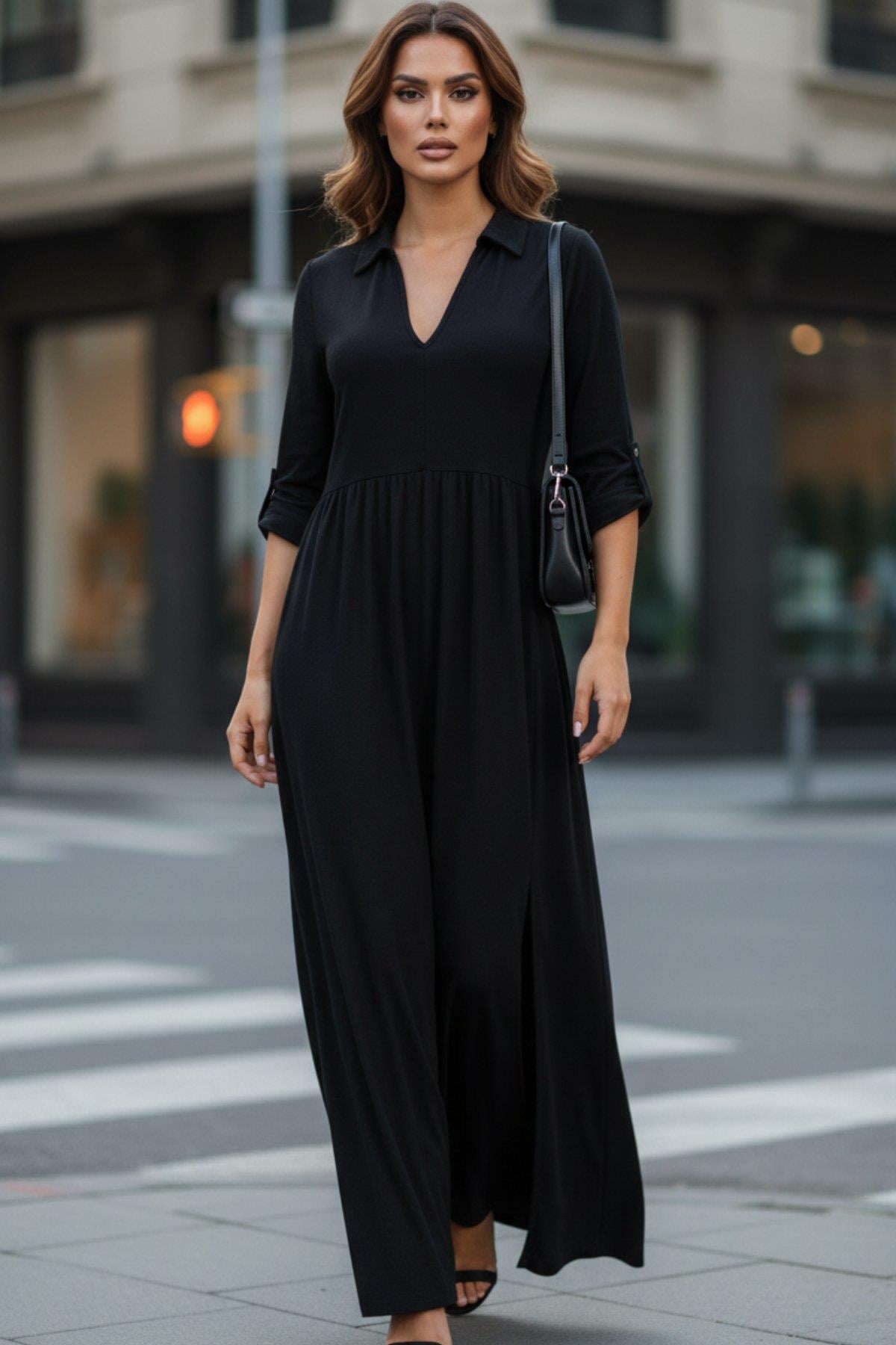 Truvakar Kol Gömlek Yaka Maxi Boy Aerobin Elbise - Siyah