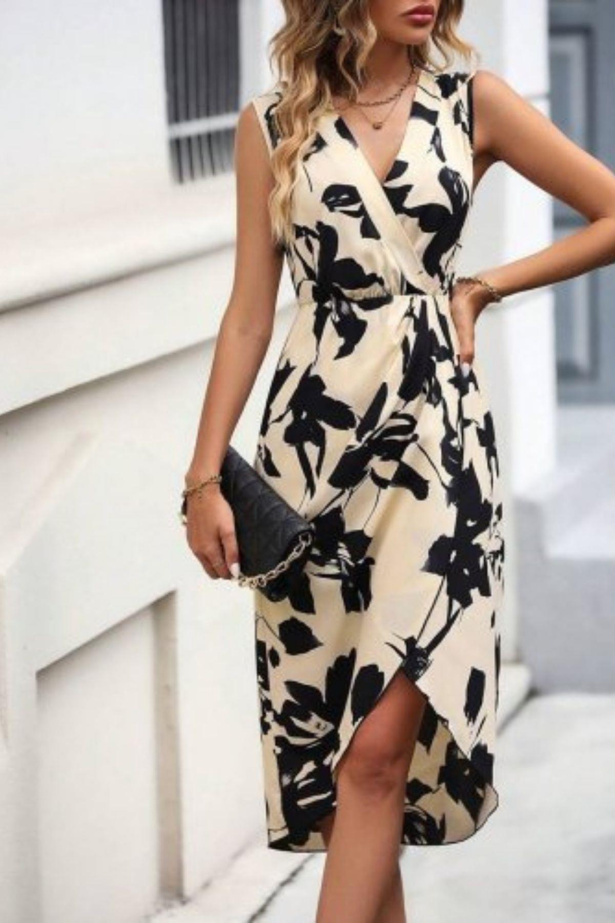 Kruvaze Yaka Asimetrik Kesim Süprem Elbise - Desenli