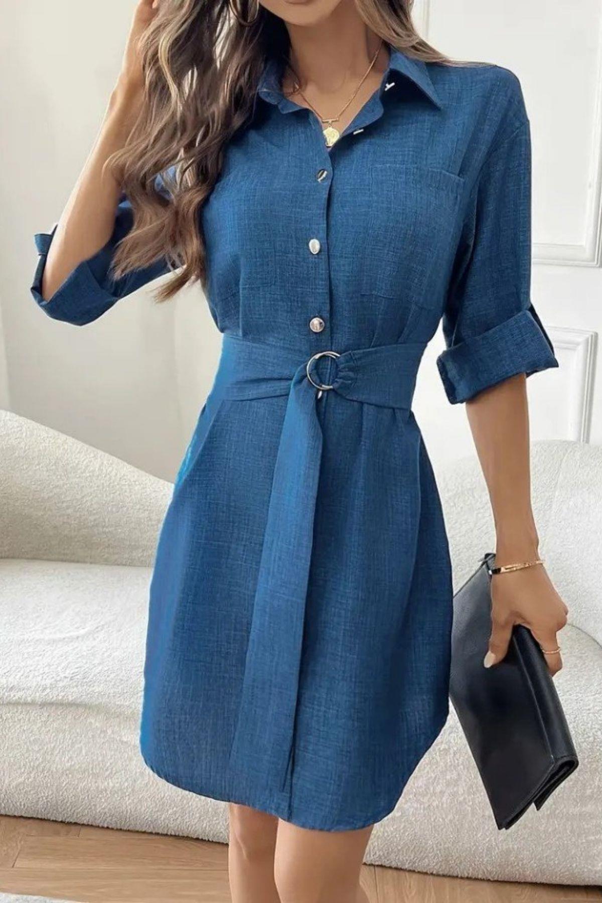 Düğmeli Kuşak Detaylı İthal Keten Elbise - Mavi