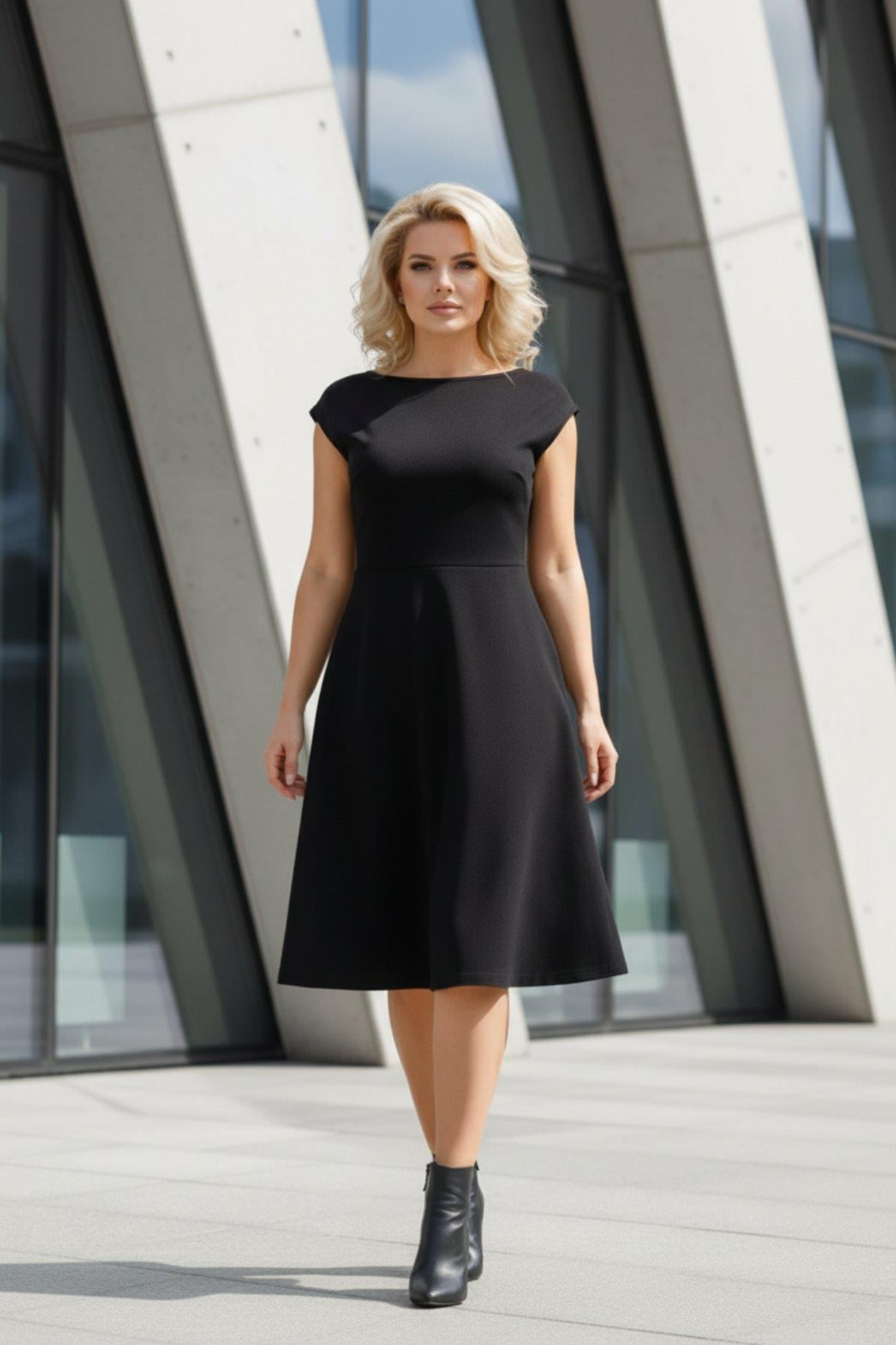 Bisiklet Yaka Kolsuz Kloş Midi Boy Elbise - Siyah