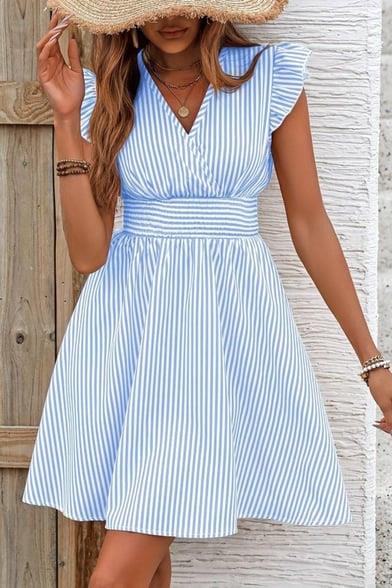 Fırfırlı Kol Detaylı Çizgili Mini Elbise - Mavi