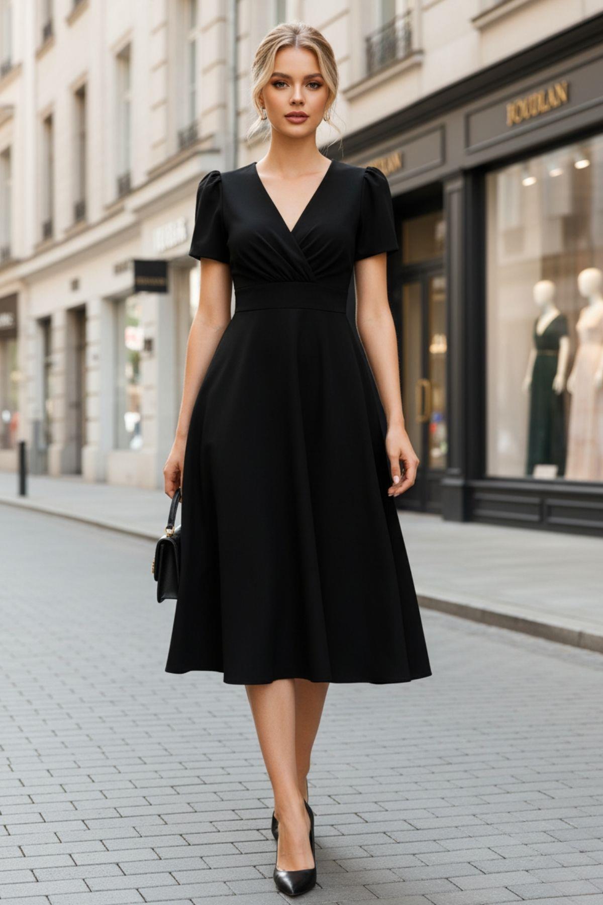 Siyah Kruvaze Yaka Kısa Kollu Midi Elbise – Ofis ve Günlük Şıklık