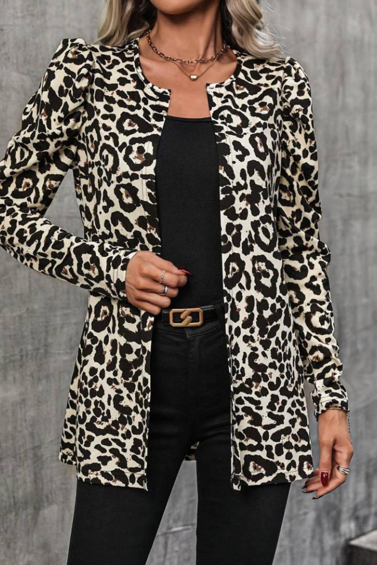 Önü Açık Şardonlu Dalgıç Ceket - Leopar