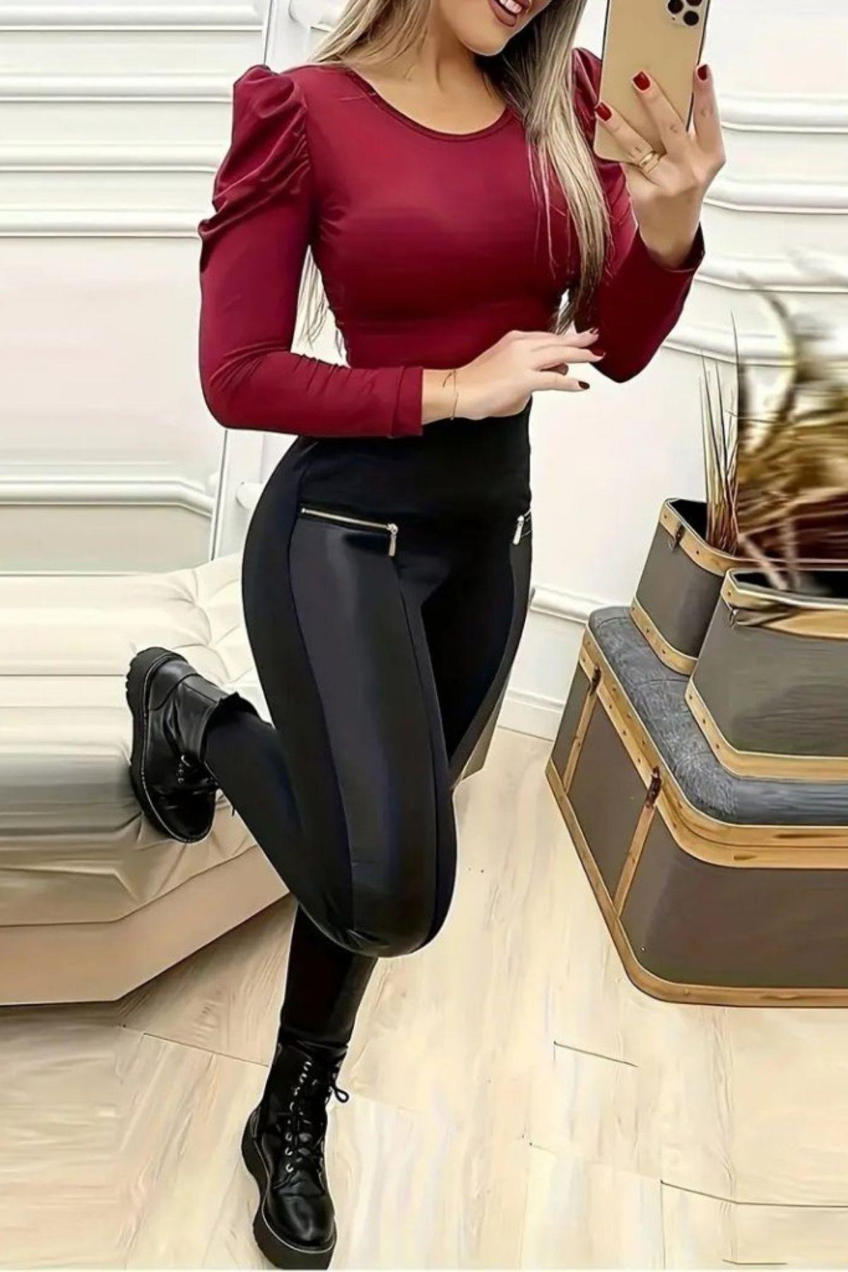 Yüksek Bel Deri Detaylı Fermuarlı Tayt - Siyah