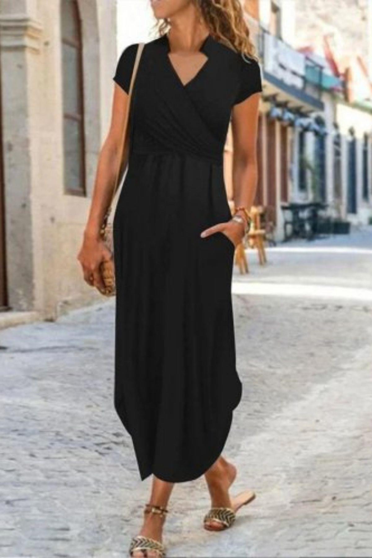 Hakim Yaka Cepli Salaş Maxi Viskon Elbise - Siyah