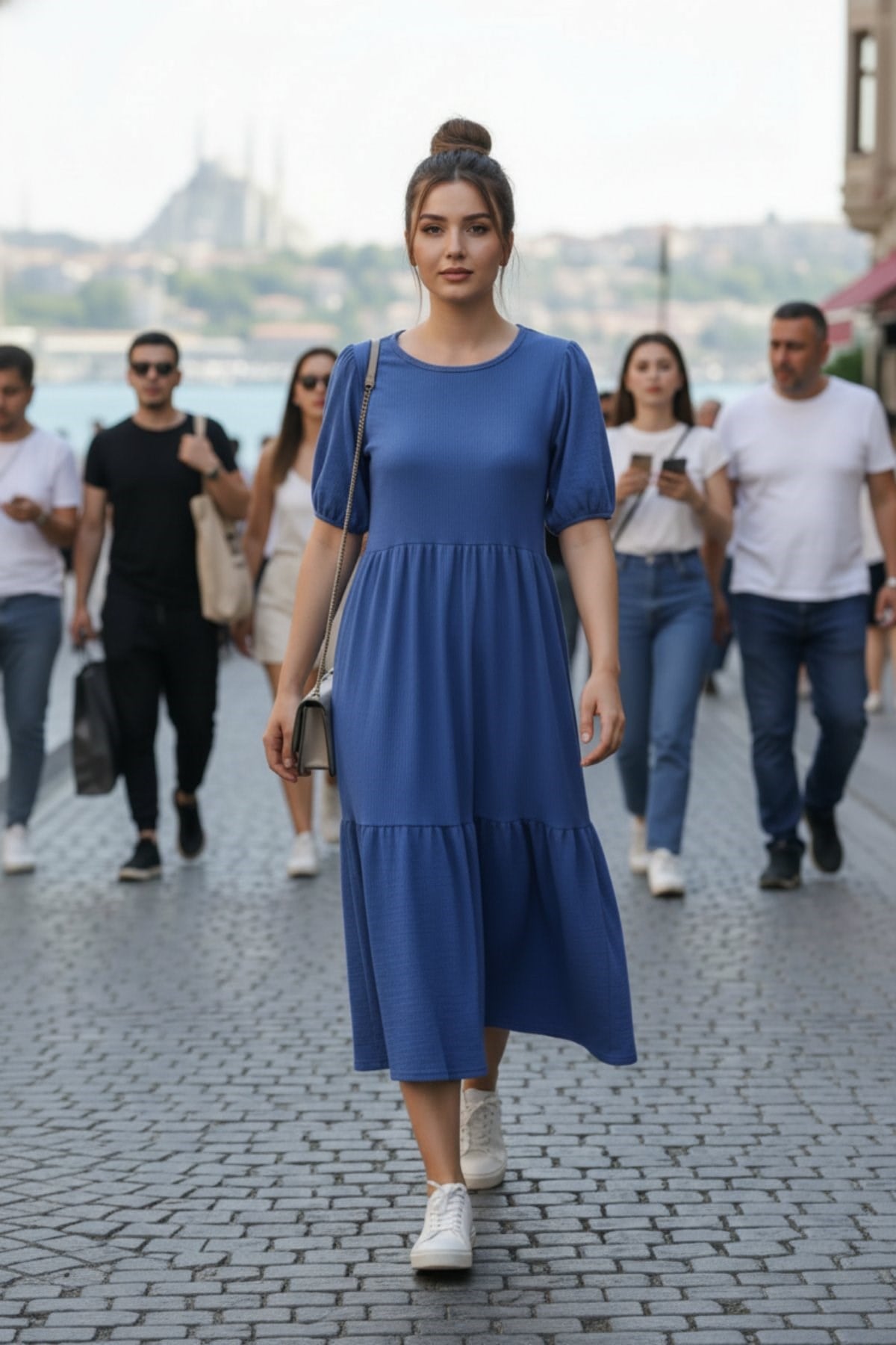 Kısa Kollu Bürümcük Balon Elbise - Saks