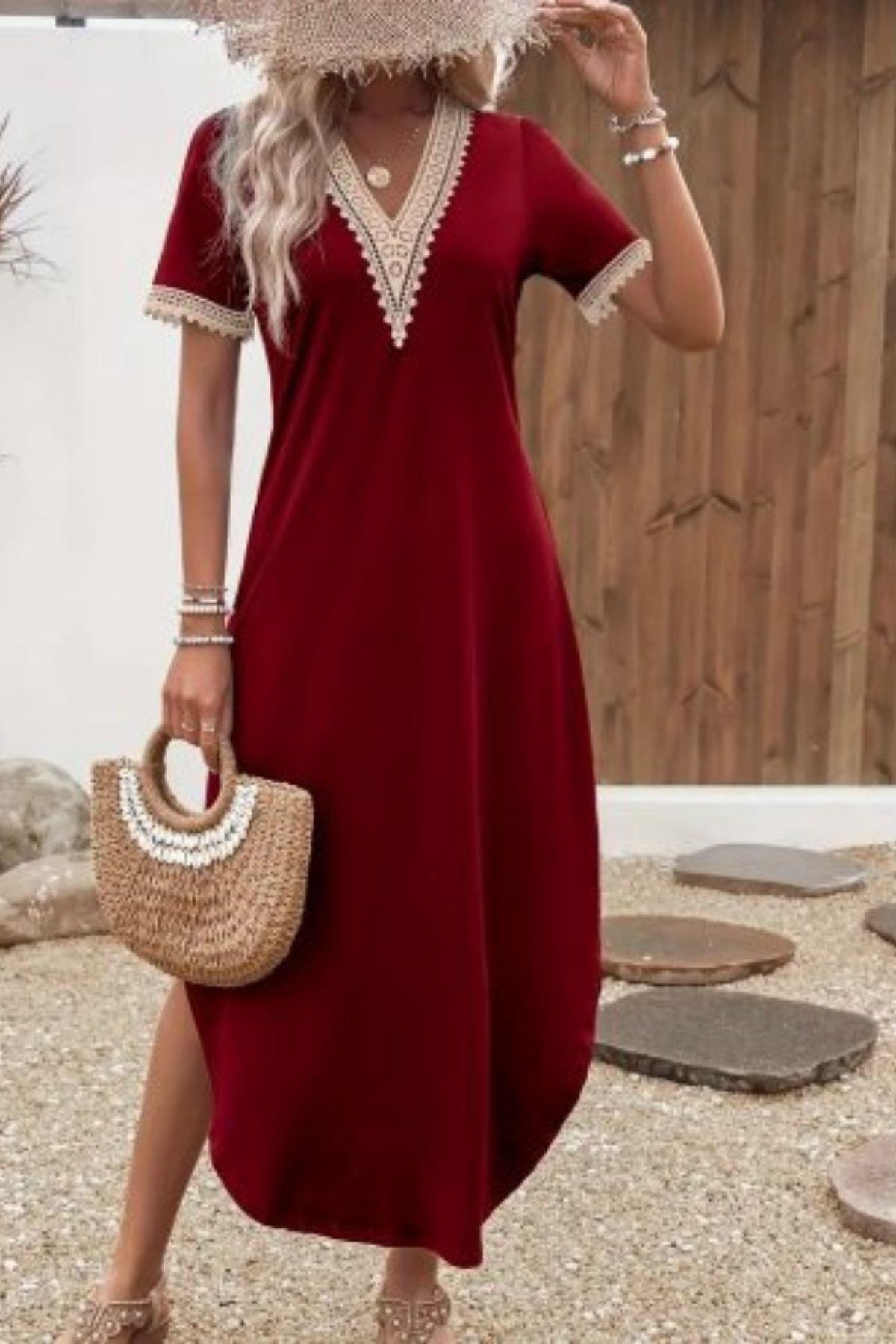Kısa Kollu Dantel Detaylı Uzun Viskon Elbise - Bordo