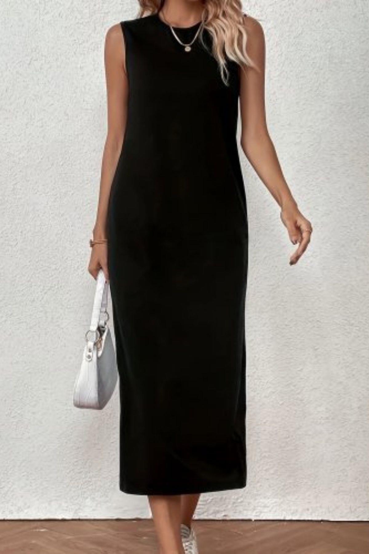 Kolsuz Basic Midi Viskon Elbise -Siyah