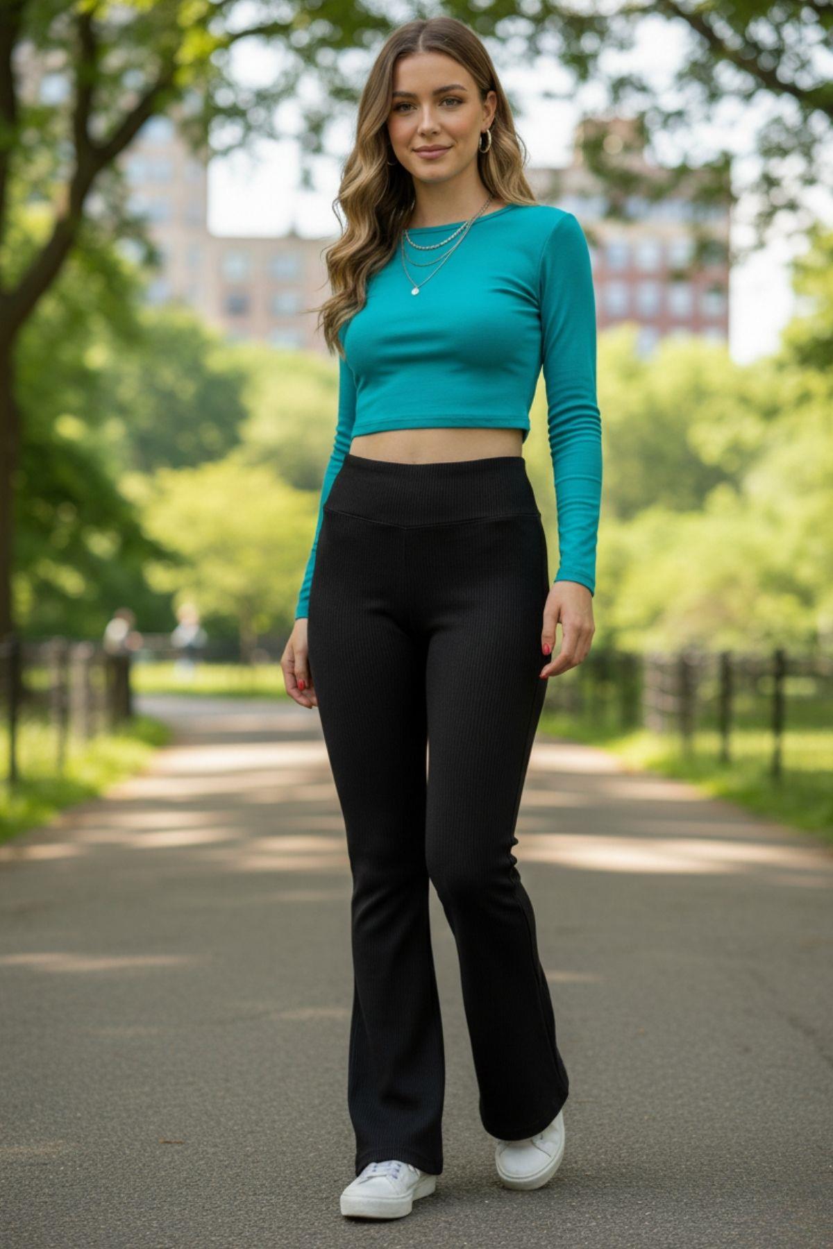 İspanyol Paça Şardonlu Fitilli Pantolon Siyah