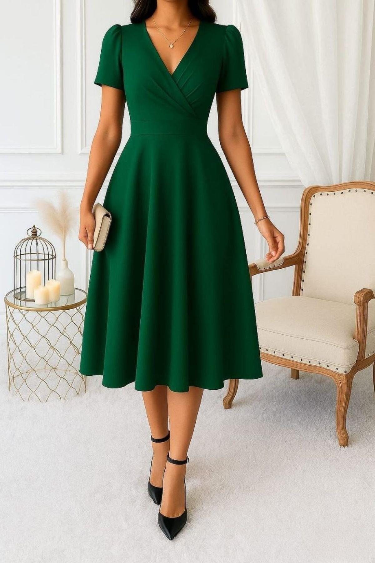 Kruvaze Yaka Kısa Kollu Midi Krep Elbise - Yeşil