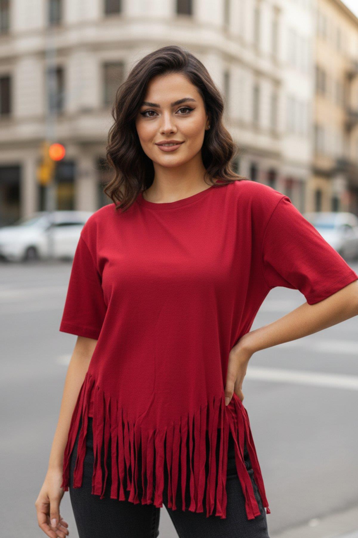 Bisiklet Yaka Püsküllü Viskon Bluz - Kırmızı