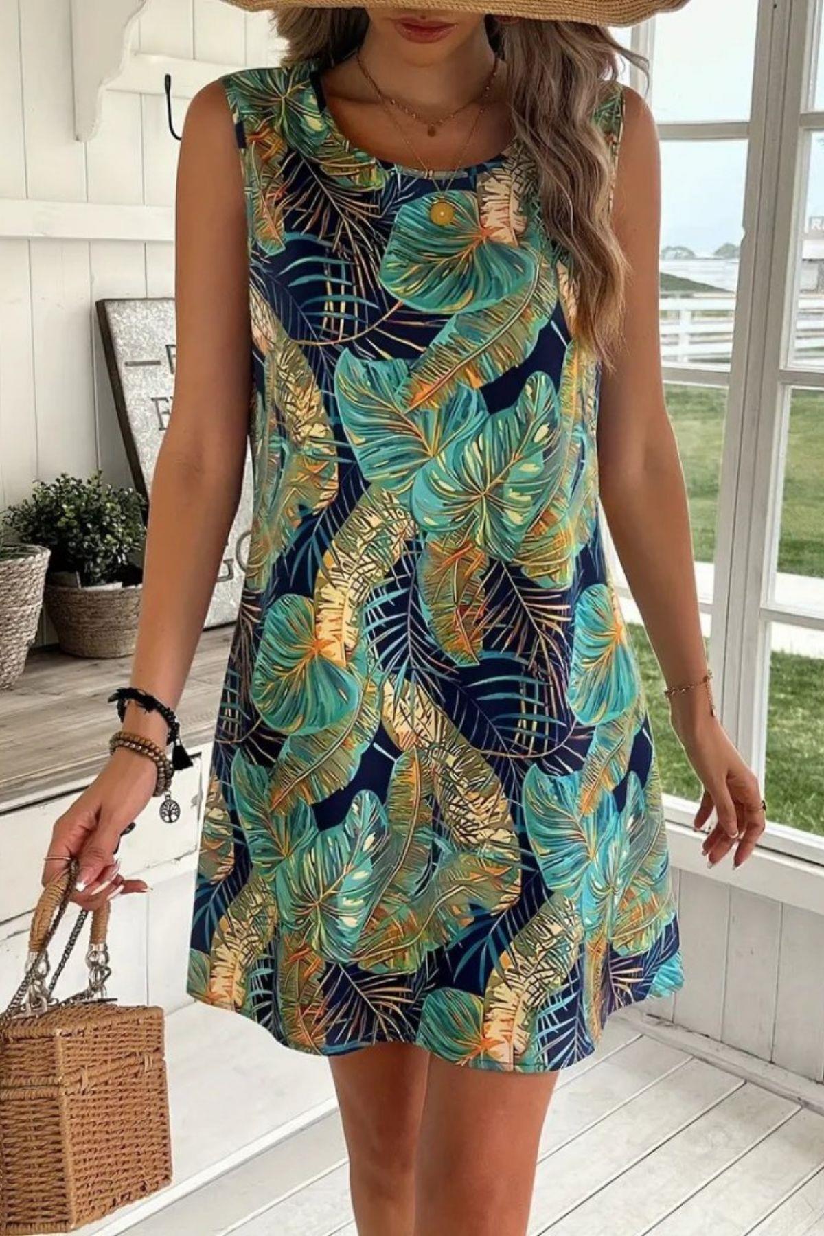 Kolsuz Yuvarlak Yaka Desenli Süprem Elbise - Yeşil