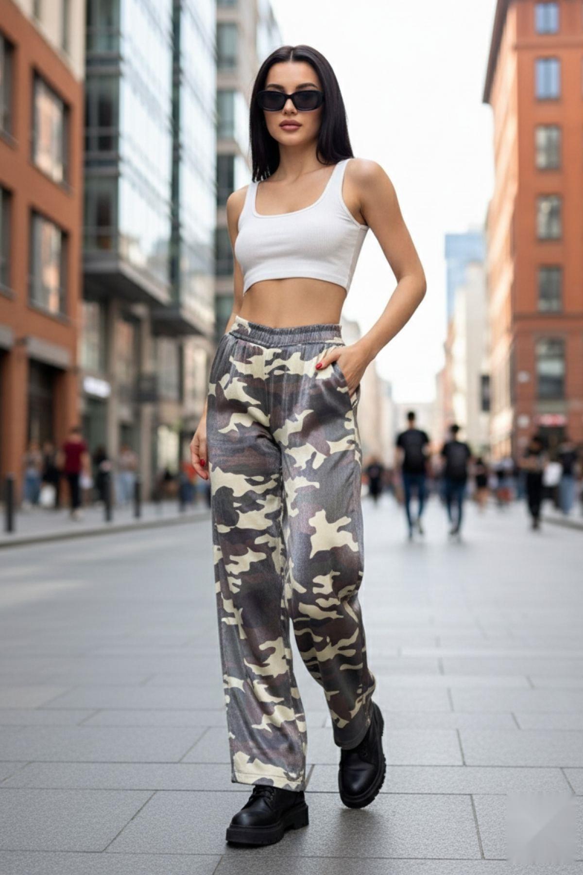 Bel Lastikli Cepli Desenli Palazzo Pantolon Yeşil