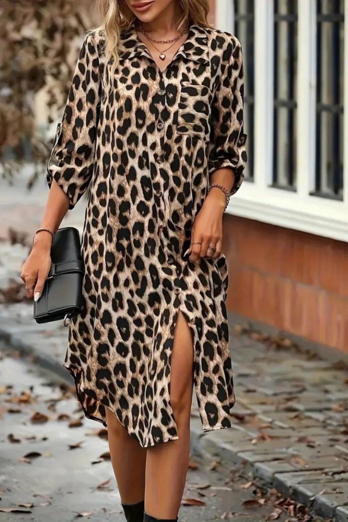 Modal Kumaş Leopar Desenli Düğmeli Midi Gömlek Elbise - Kahve