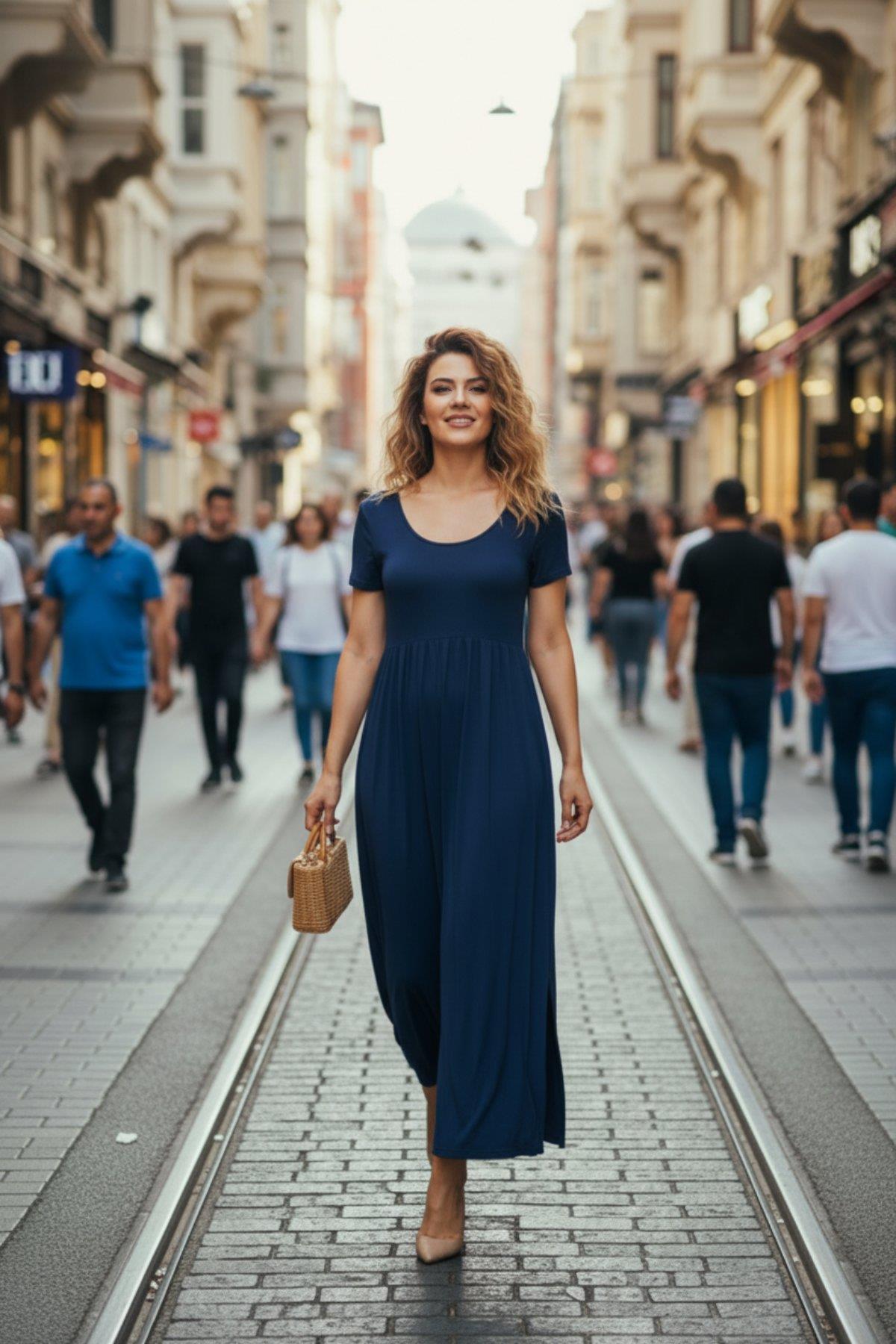 Kısa Kollu Yuvarlak Yaka Yırtmaçlı Ve Cepli Viskon Elbise - Lacivert