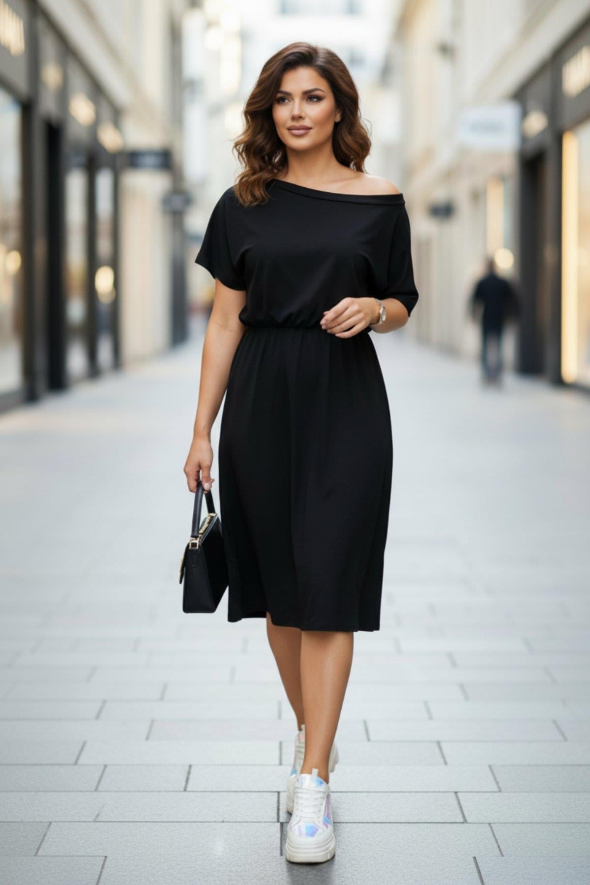 Omuzu Açık Midi Viskon Elbise - Siyah