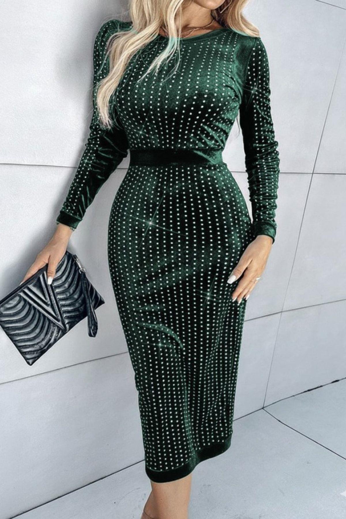 Uzun Kollu Taşlı Midi Kadife Elbise - Yeşil