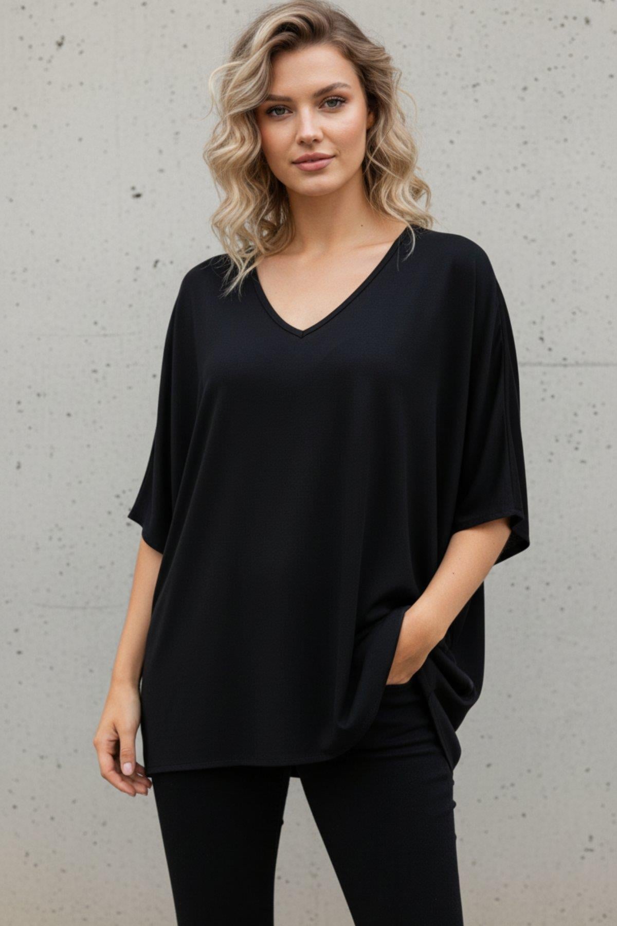 V Yaka Salaş Kesim Viskon Bluz - Siyah