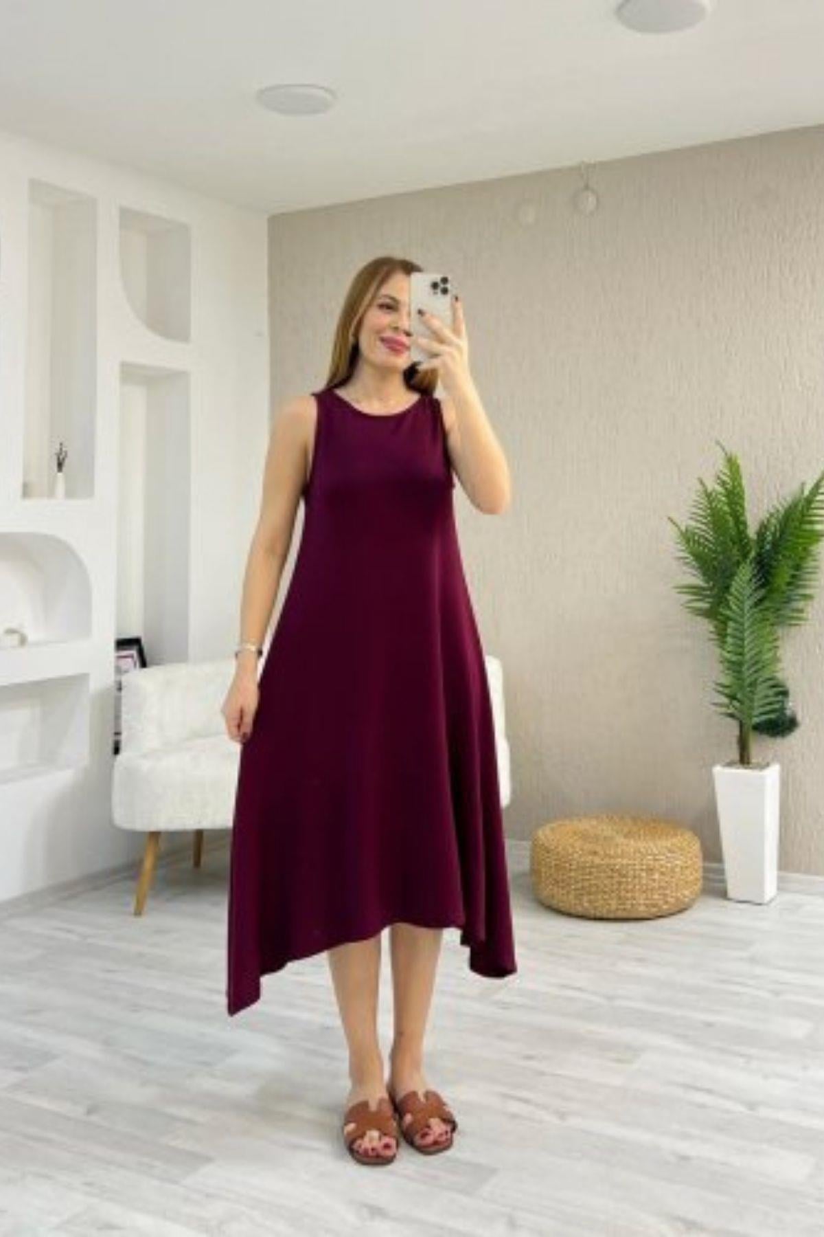 Kolsuz Asimetrik Kesim Viskon Elbise - Bordo