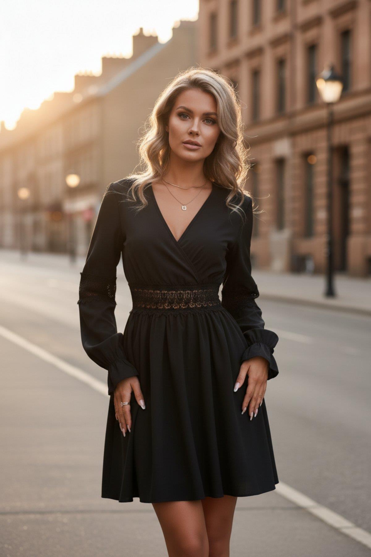 Kruvaze Yaka Beli Dantelli Krep Elbise Siyah