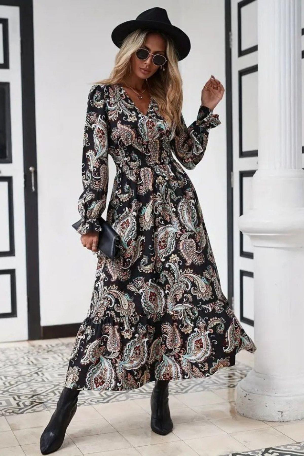 Desenli Uzun Kol Beli Lastikli Elbise - Siyah