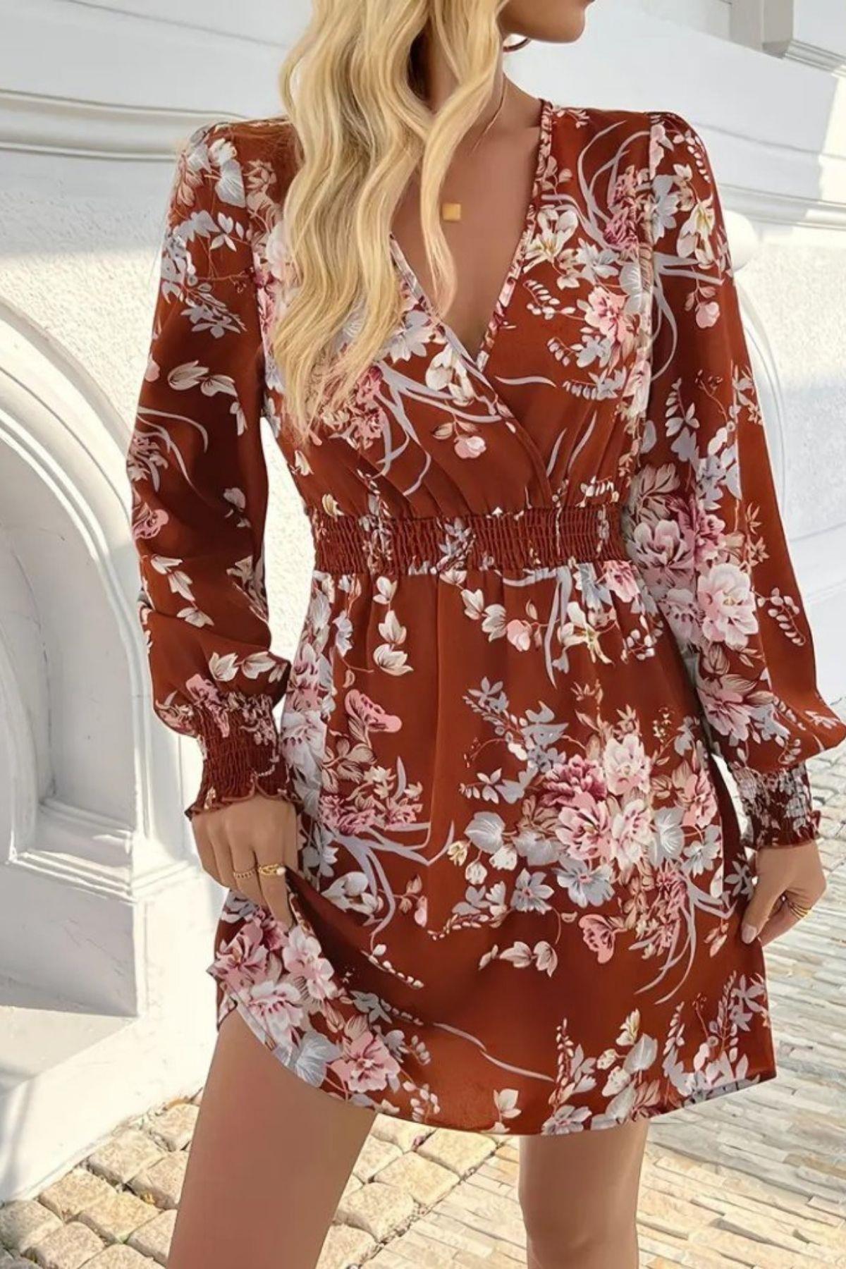 Uzun Kollu Çiçek Desenli Süprem Elbise - Desenli