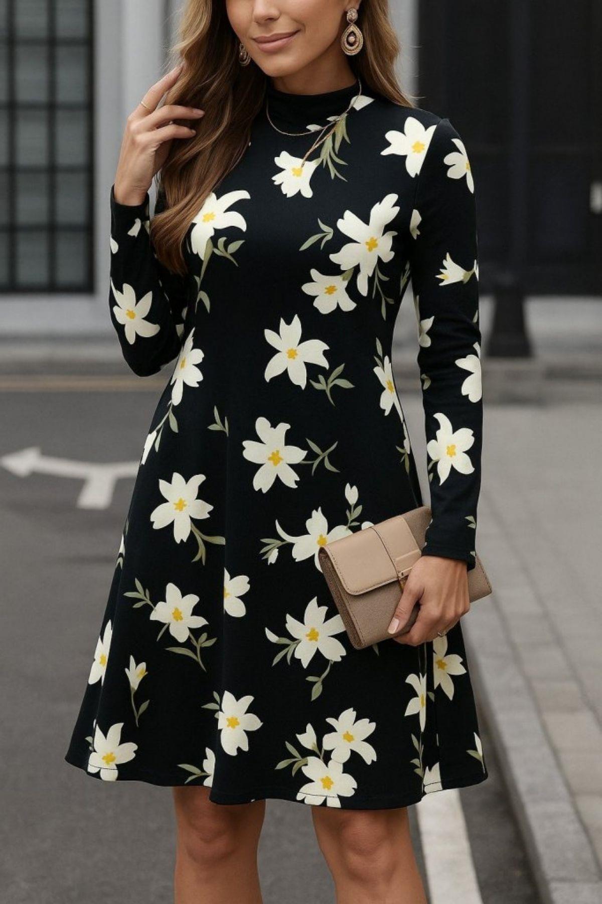 Balıkçı Yaka Çiçek Desenli Krep Elbise - Desenli