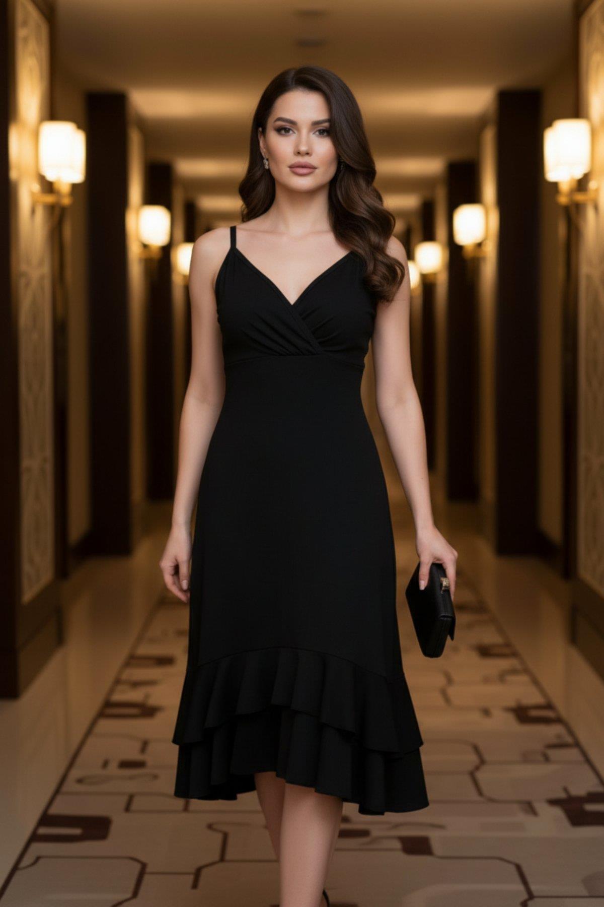 Sırtı İp Detaylı Kloş Kesim Midi Krep Elbise - Siyah