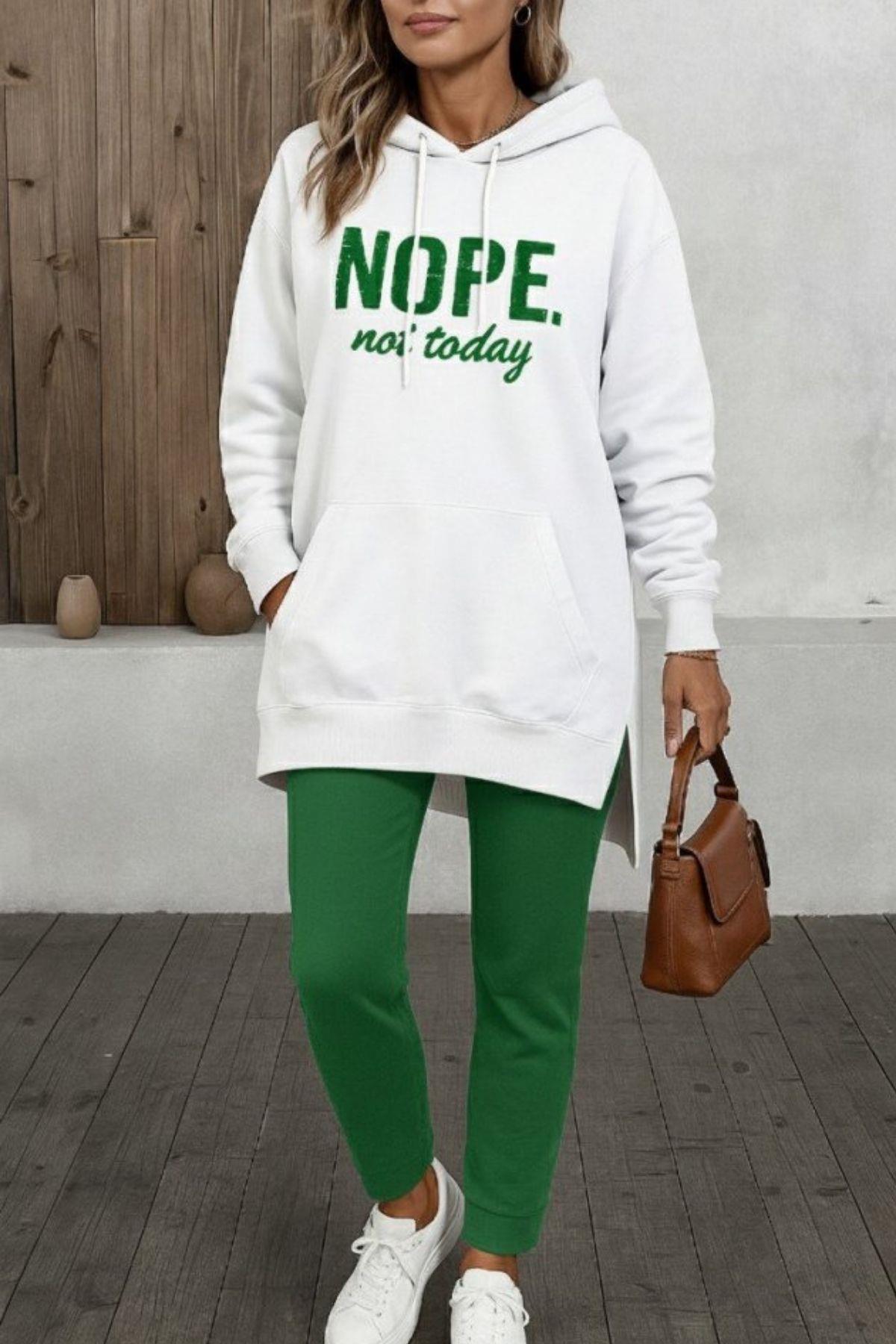 Uzun Kollu Kapüşonlu Viskon İki İplik Sweat - Yeşil