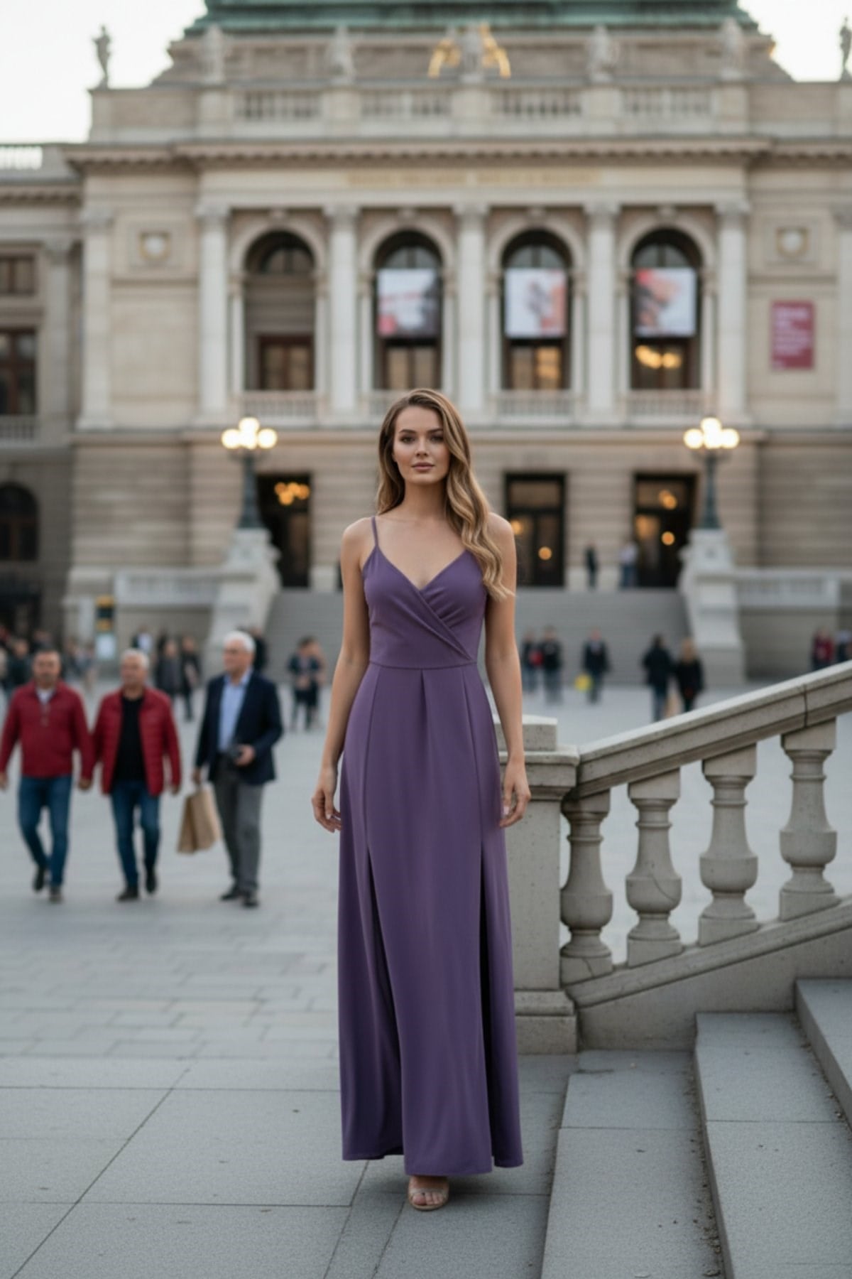 İnce Askılı Kruvaze Yaka Yırtmaçlı İthal Krep Elbise - Mor