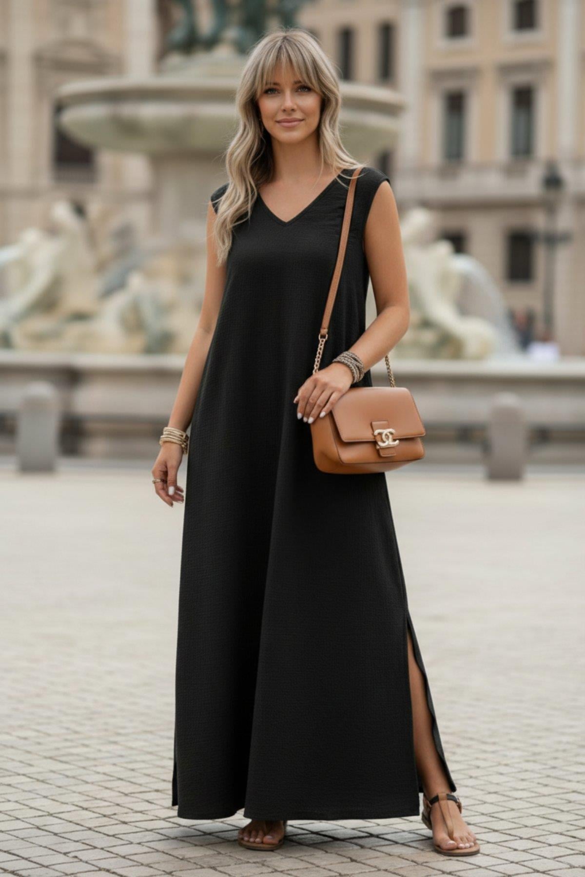 V Yaka Kolsuz Salaş Kesim Maxi Boy Bürümcük  Elbise - Siyah