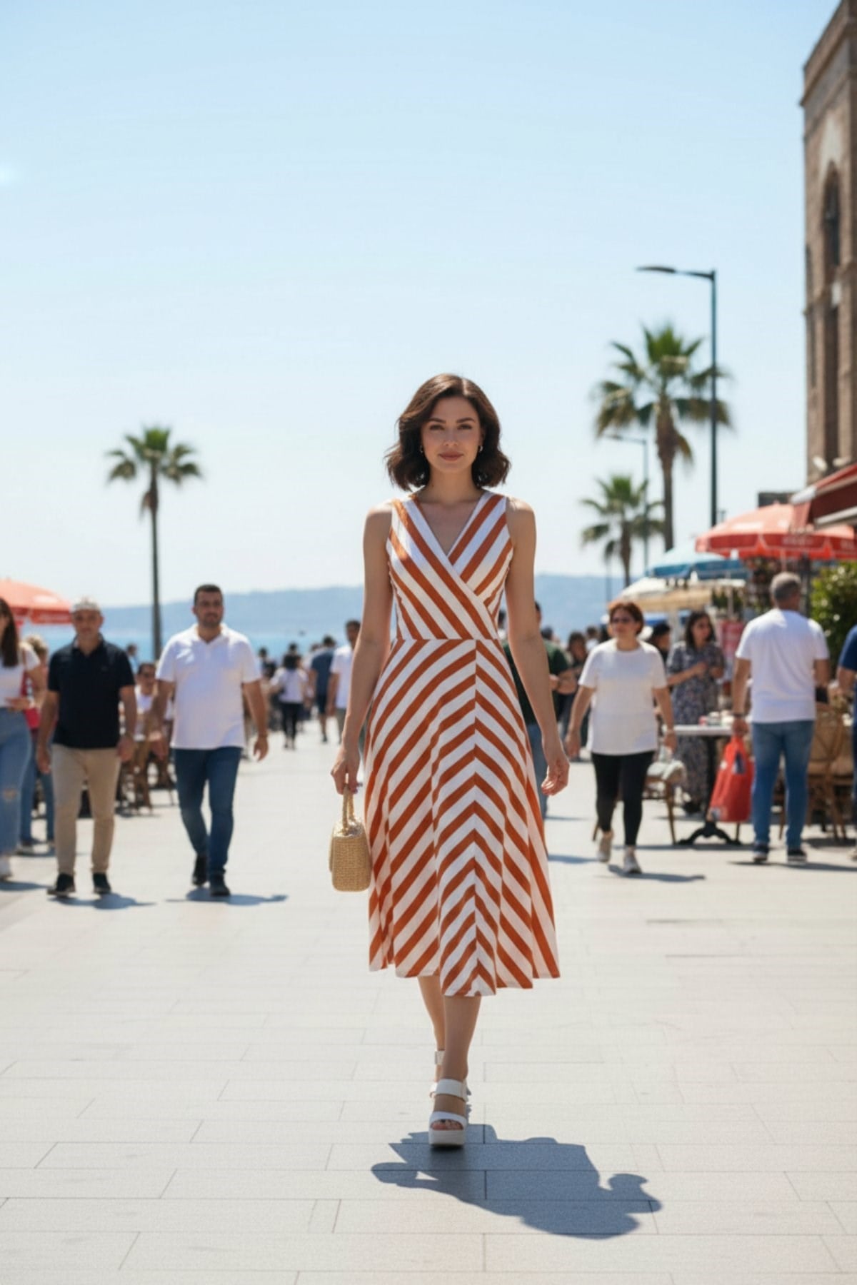 V Yaka Çizgili Kloş Kesim Dalgıç Elbise - Turuncu