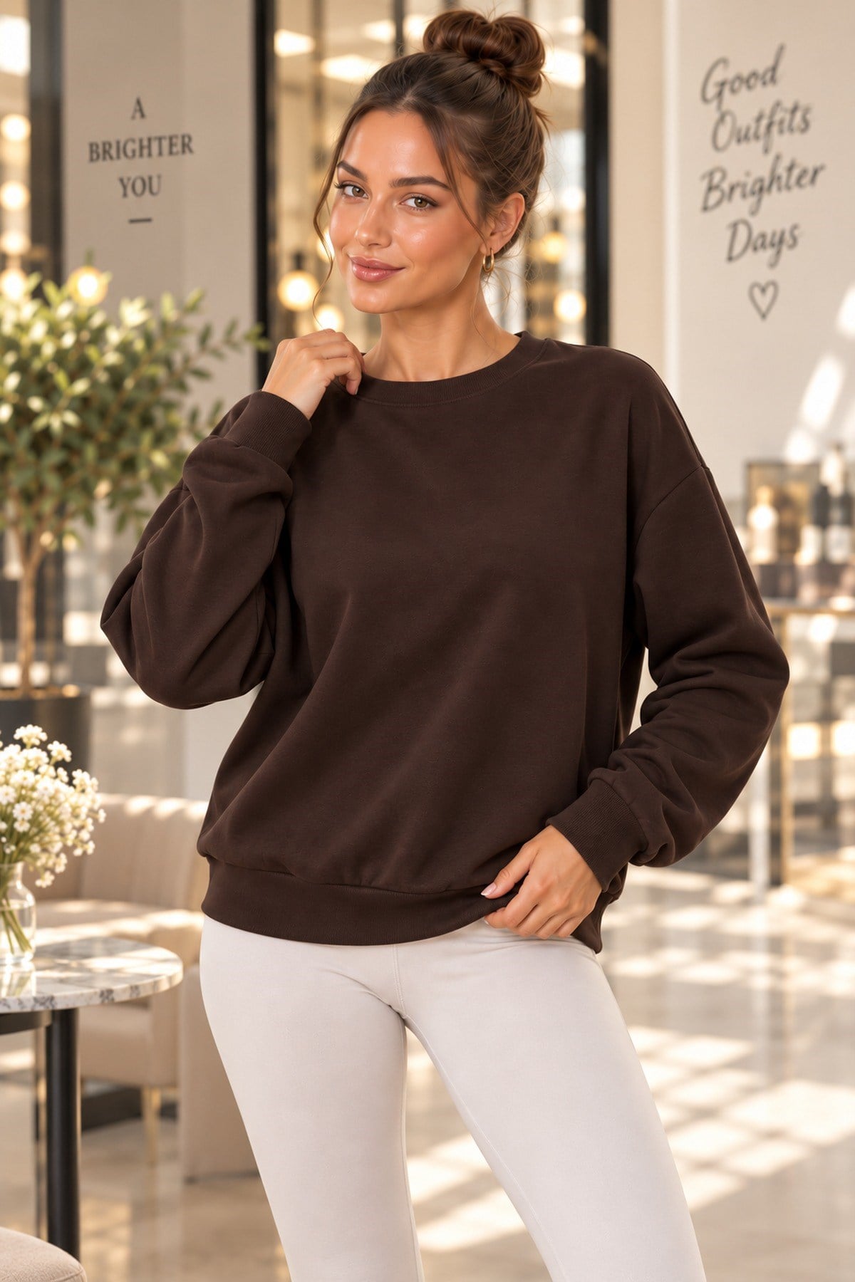 Modal Kumaş Bisiklet Yaka Rahat Kesim Uzun Kollu Sweat Kahve