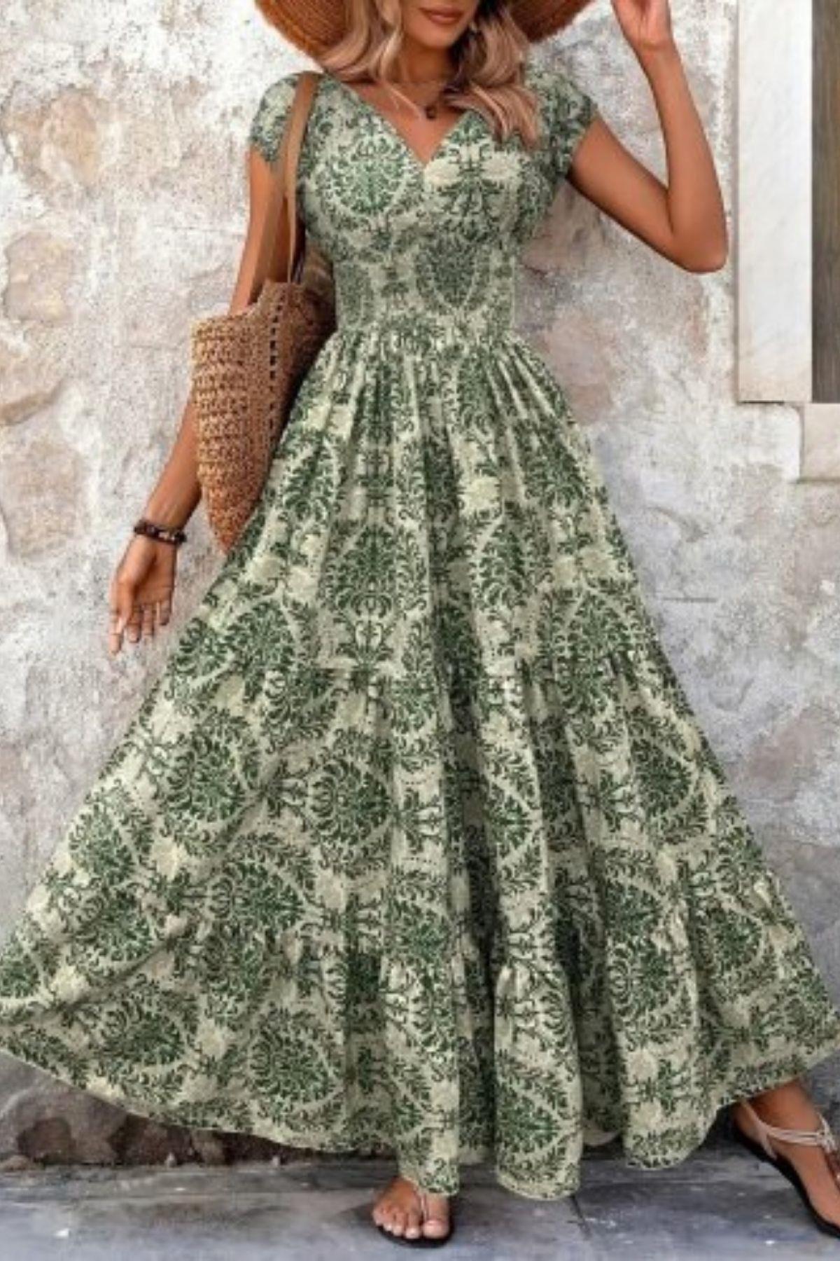 Desenli Kruvaze Yaka Kısa Kollu Maxi Boy Süprem Elbise - Desenli