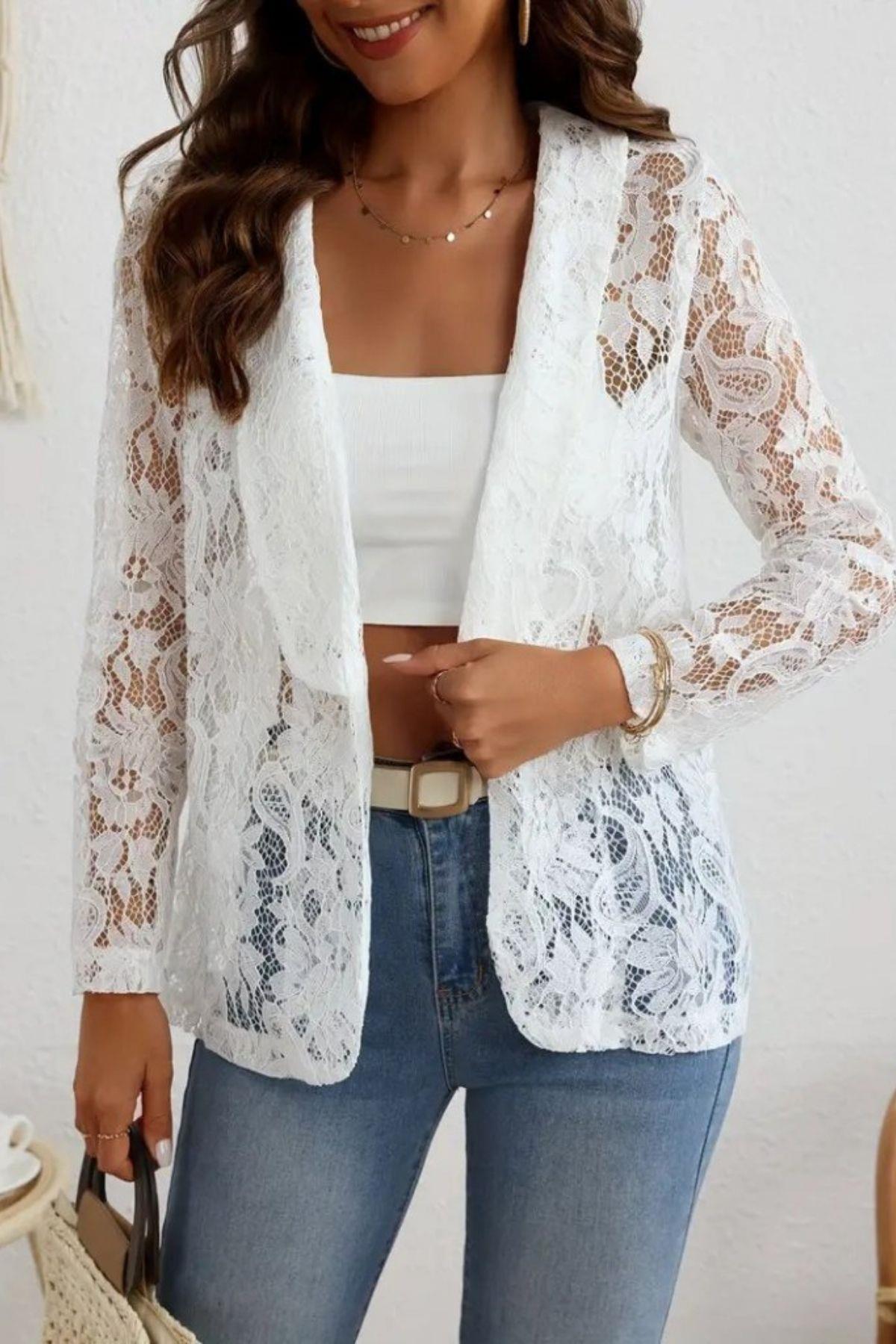 Önden Açık Uzun Kollu Dantelli Ceket - Beyaz