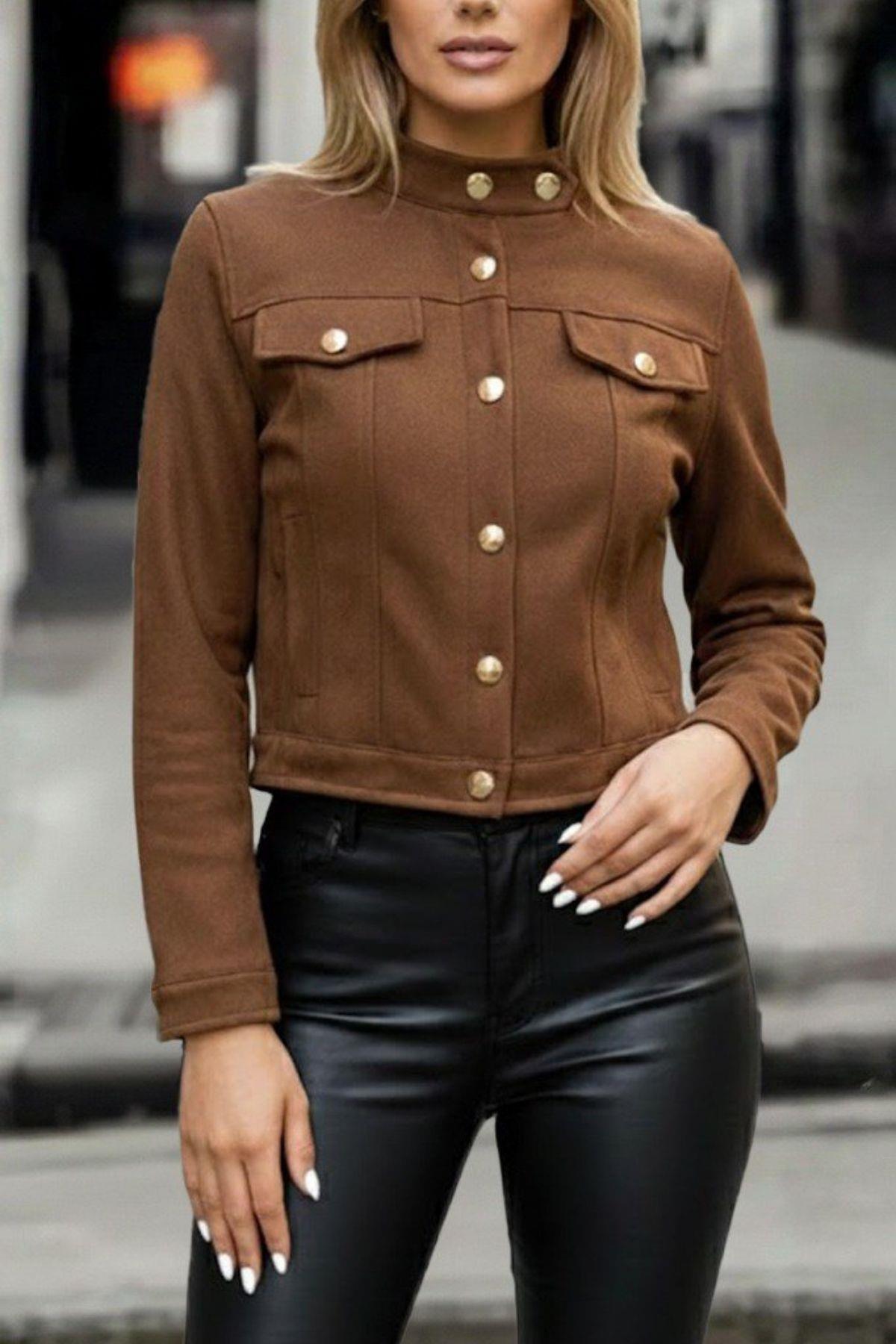 Düğmeli Kışlık Hakim Yaka Kısa Süet Ceket - Kahve