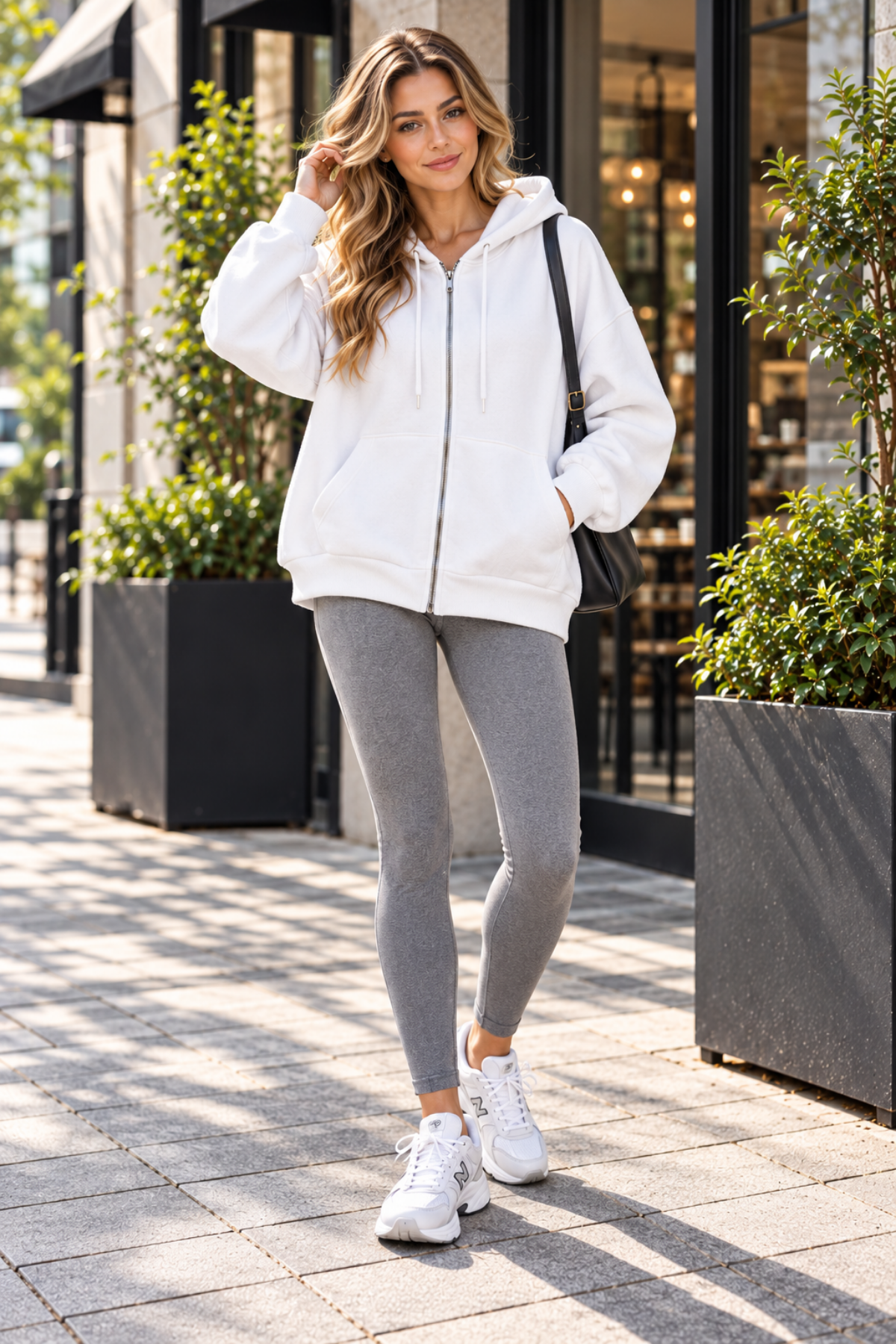 Üç İplik Oversize Kapüşonlu Fermuarlı Sweatshirt Beyaz