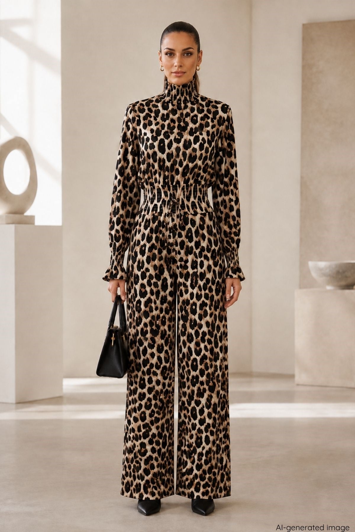 Balıkçı Yaka Desenli Tulum - Leopar