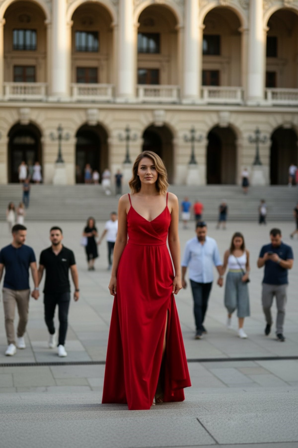 İnce Askılı Kruvaze Yaka Yırtmaçlı İthal Krep Elbise - Kırmızı