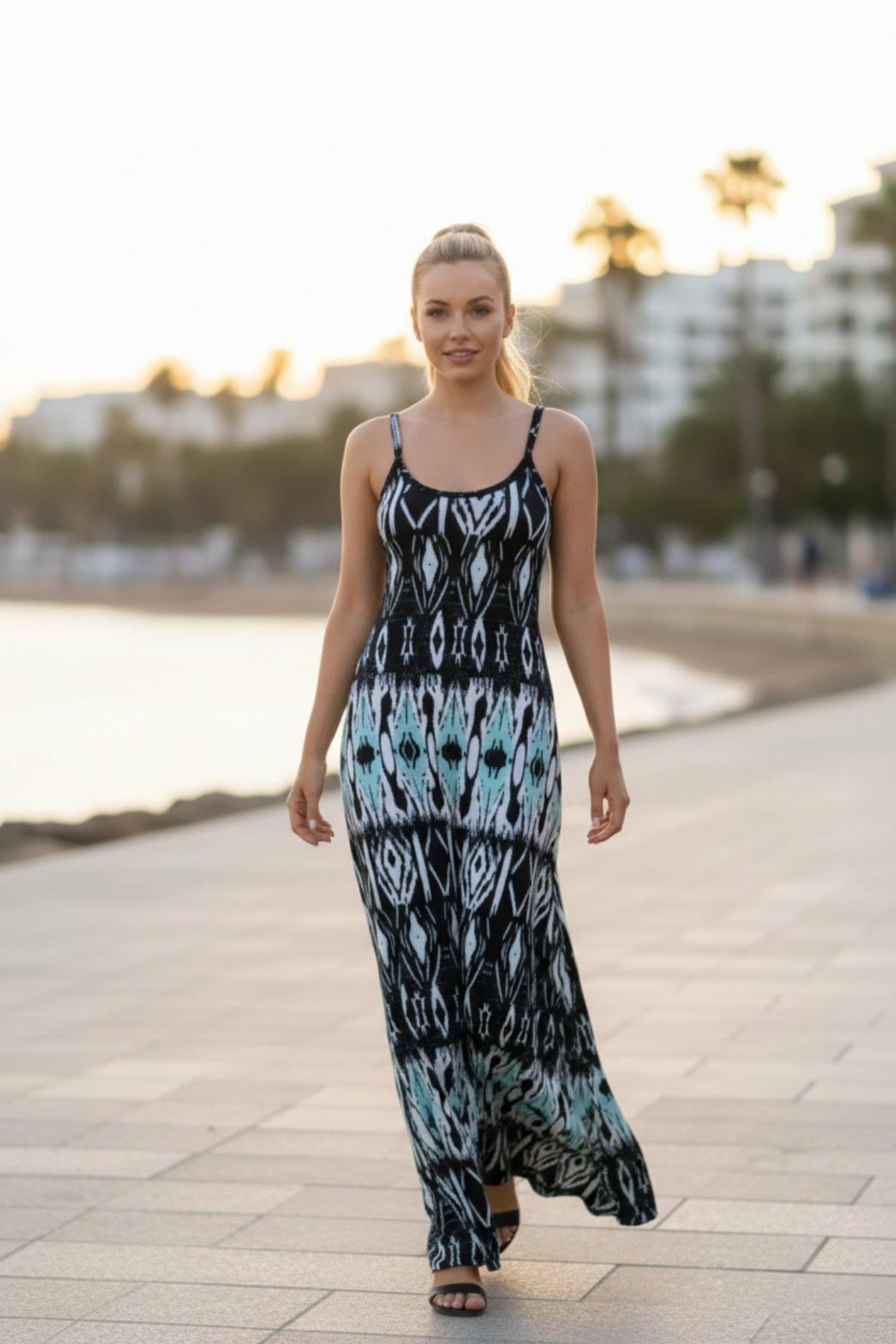 İnce Askılı Kare Yaka Süprem  Elbise - Mavi