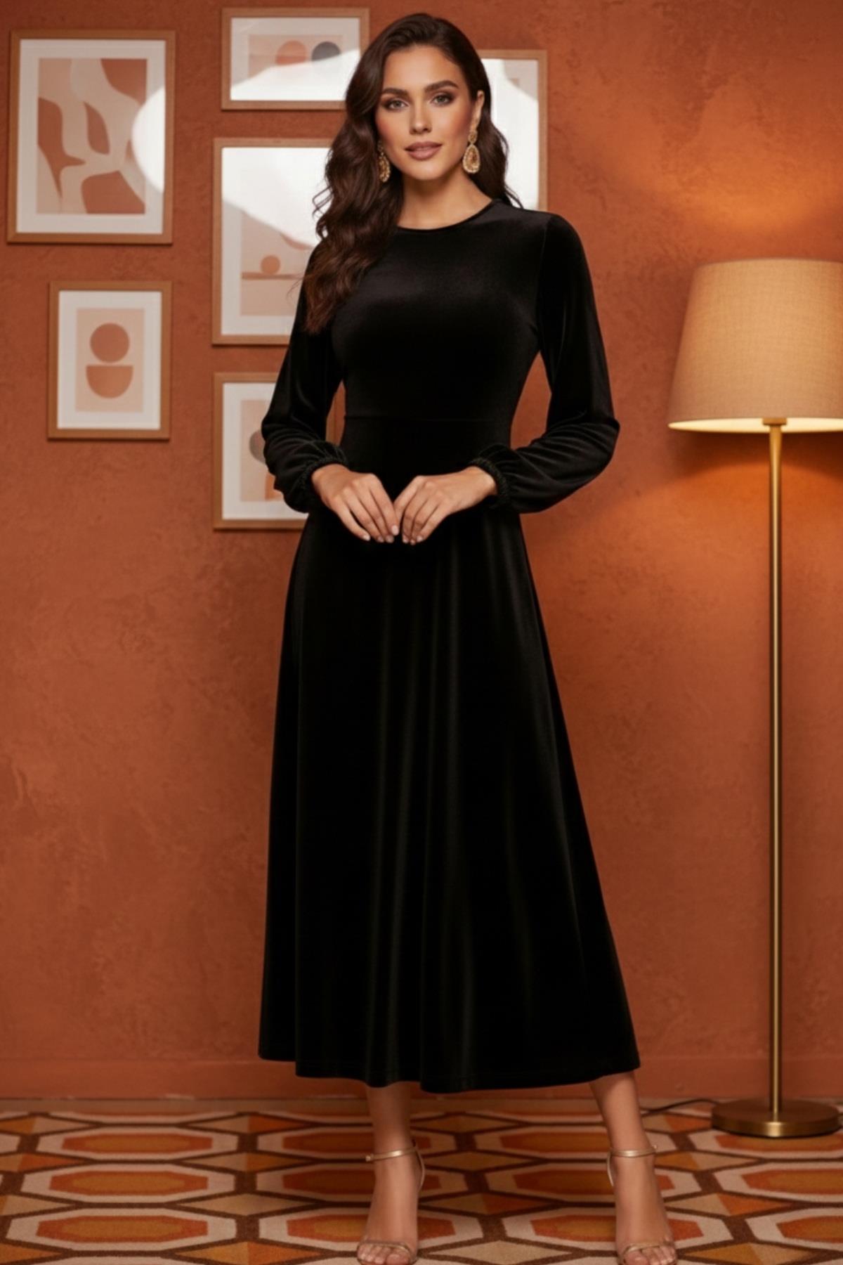 Premium Kadife Midi Siyah Elbise