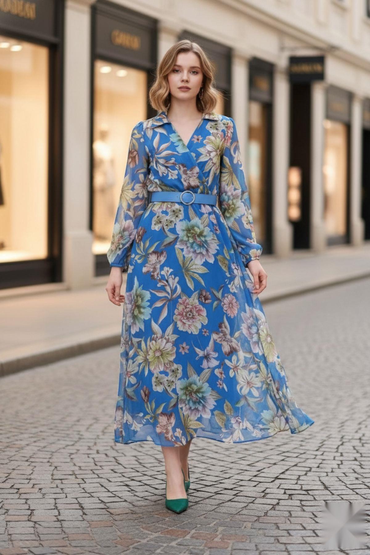 Kruvaze Yaka Kemerli Şifon Uzun Fashion Elbise Mavi