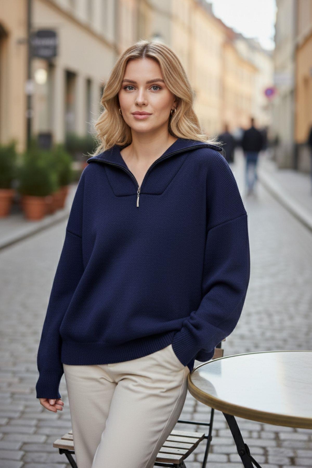 Lacivert Fermuarlı Polo Yaka Triko Kazak