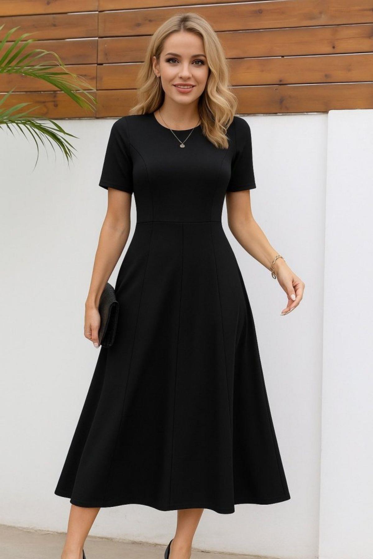 Kısa Kollu Bisiklet Yaka Midi İthal Krep Elbise - Siyah