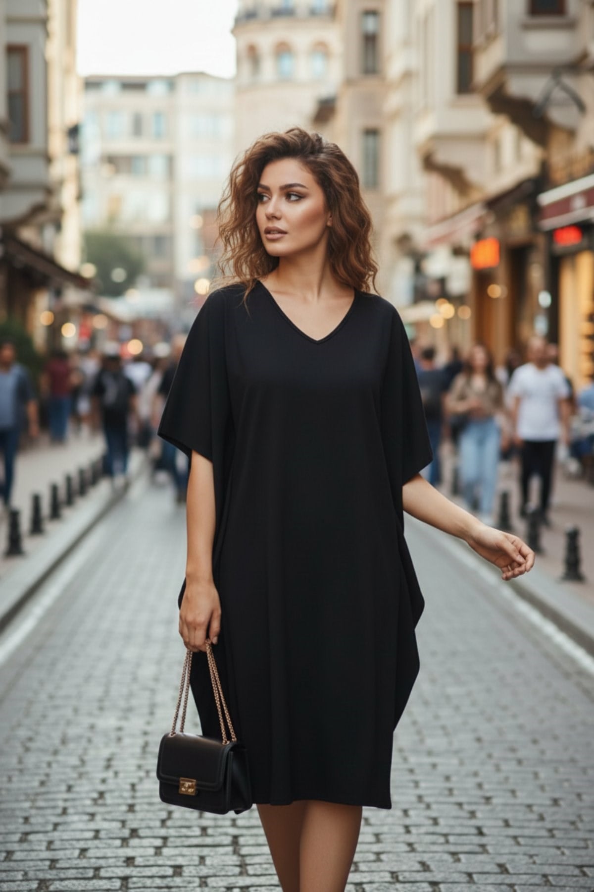 Yanı Volan Detaylı Mini İthal Krep Elbise - Siyah